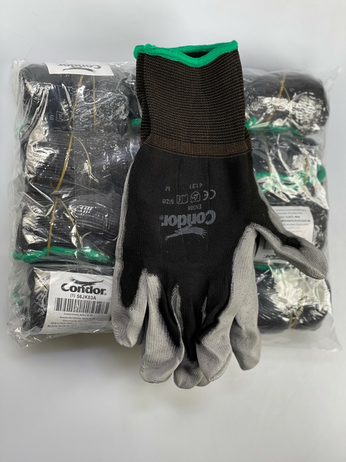 12 PAIRS CONDOR COATED BLACK/GREY WORK GLOVE 100% NYLON SHELL PU PALM (XXS-3XL)