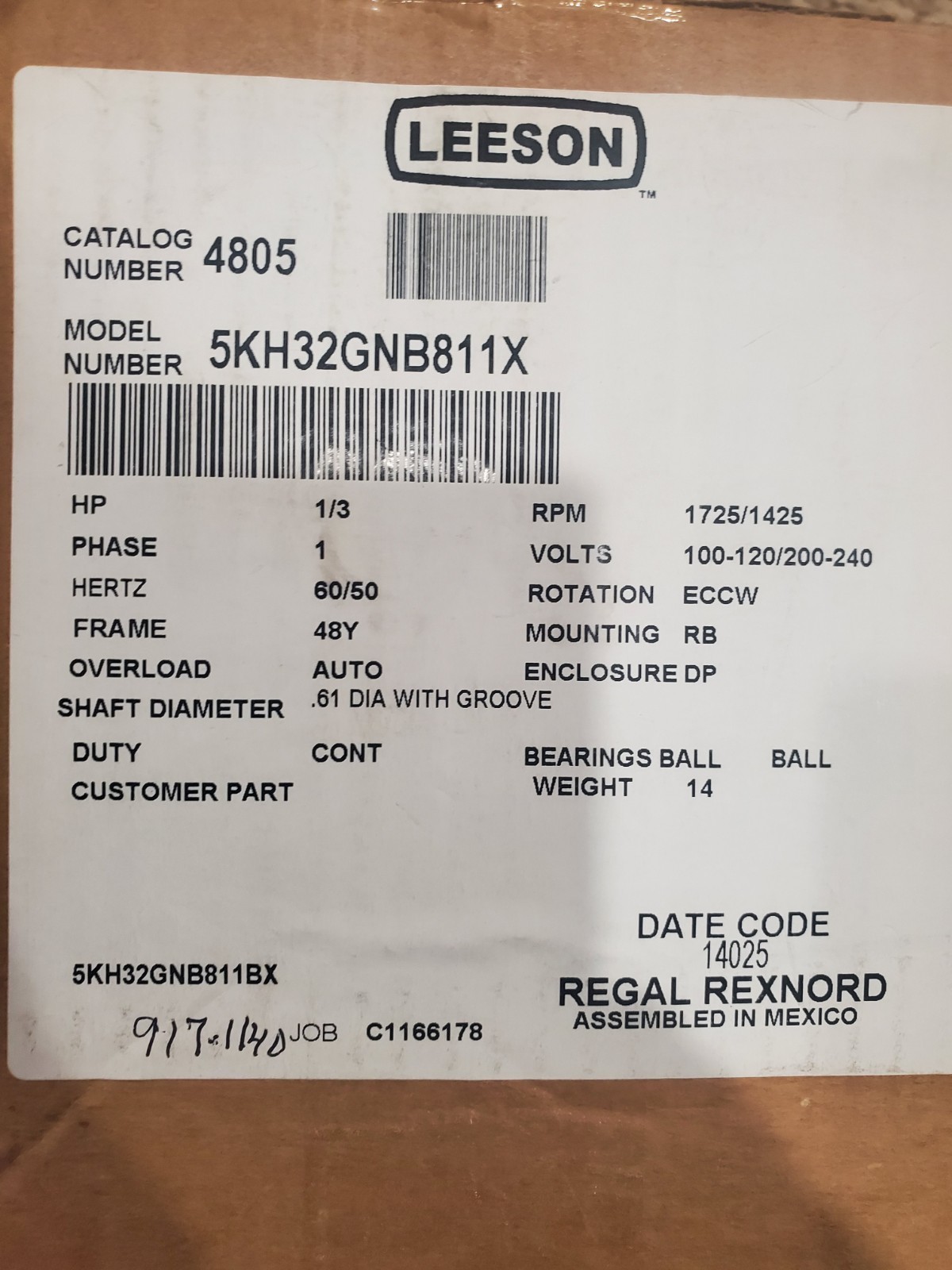 LEESON Carbonator PUMP MoTor #5KH32GNB811X 1/3HP 120/240V, 1725 RPM, 48Y NEW !!!