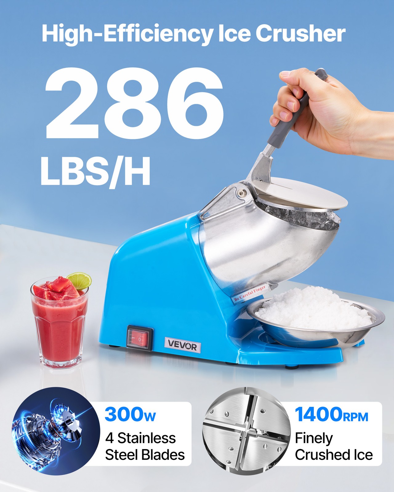 VEVOR Commercial Ice Crusher 286LBS/H Electric Snow Cone Maker Shaved Ice Blue