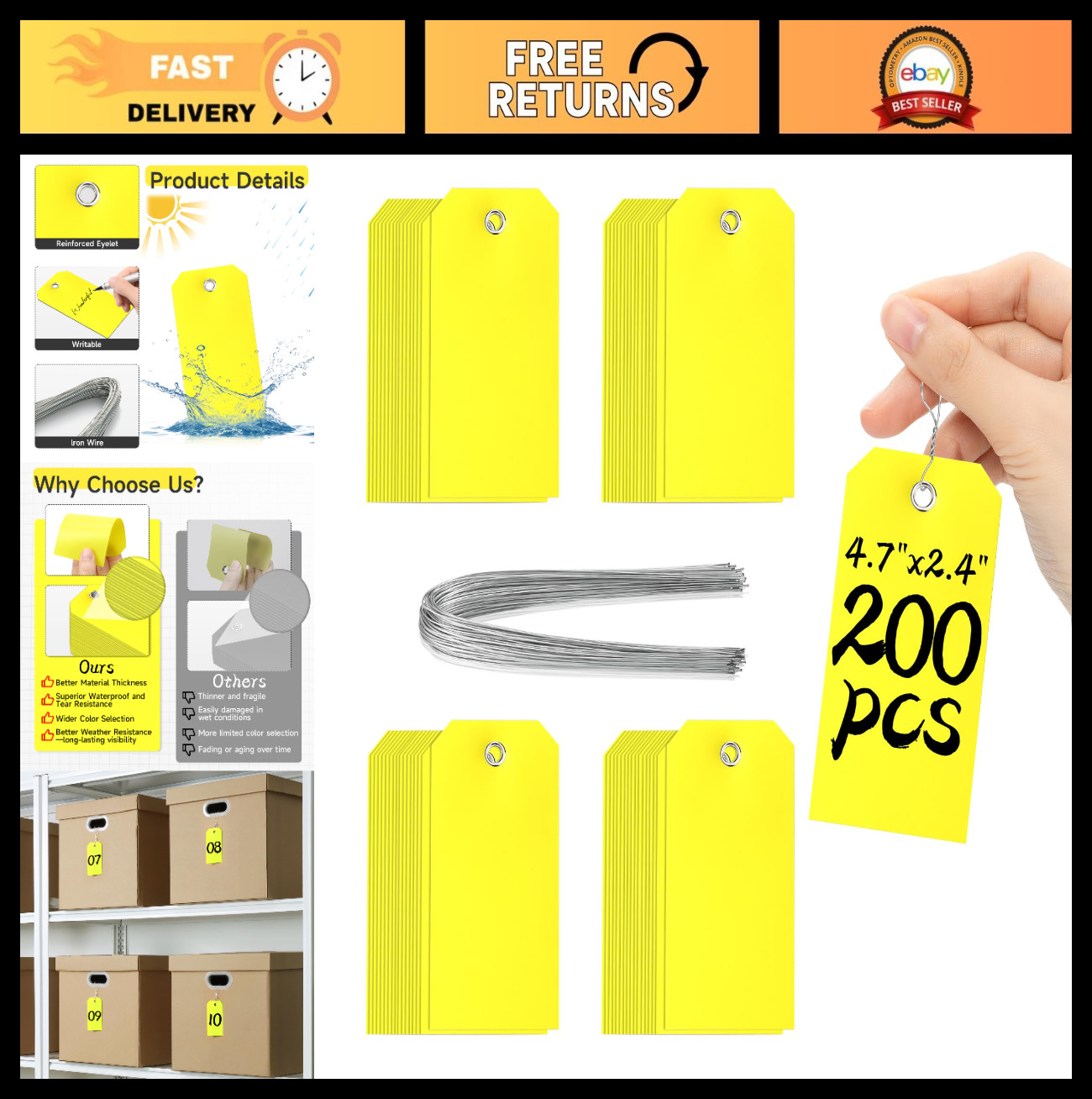 200 Plastic Shipping Tags 4.75″x2.375″ Waterproof Heavy Duty Blank Labels – Yell