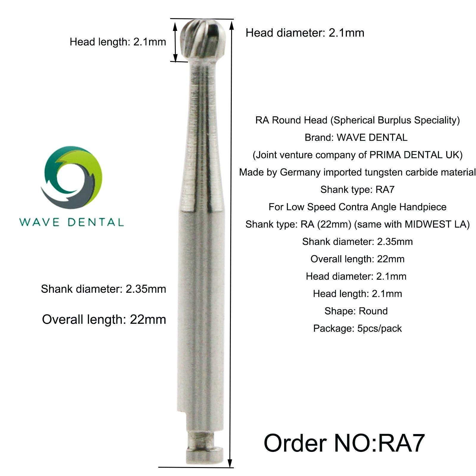 US WAVE Dental Burs Round Latch RA 2.35mm COXO Low Speed Contra Angle Handpiece