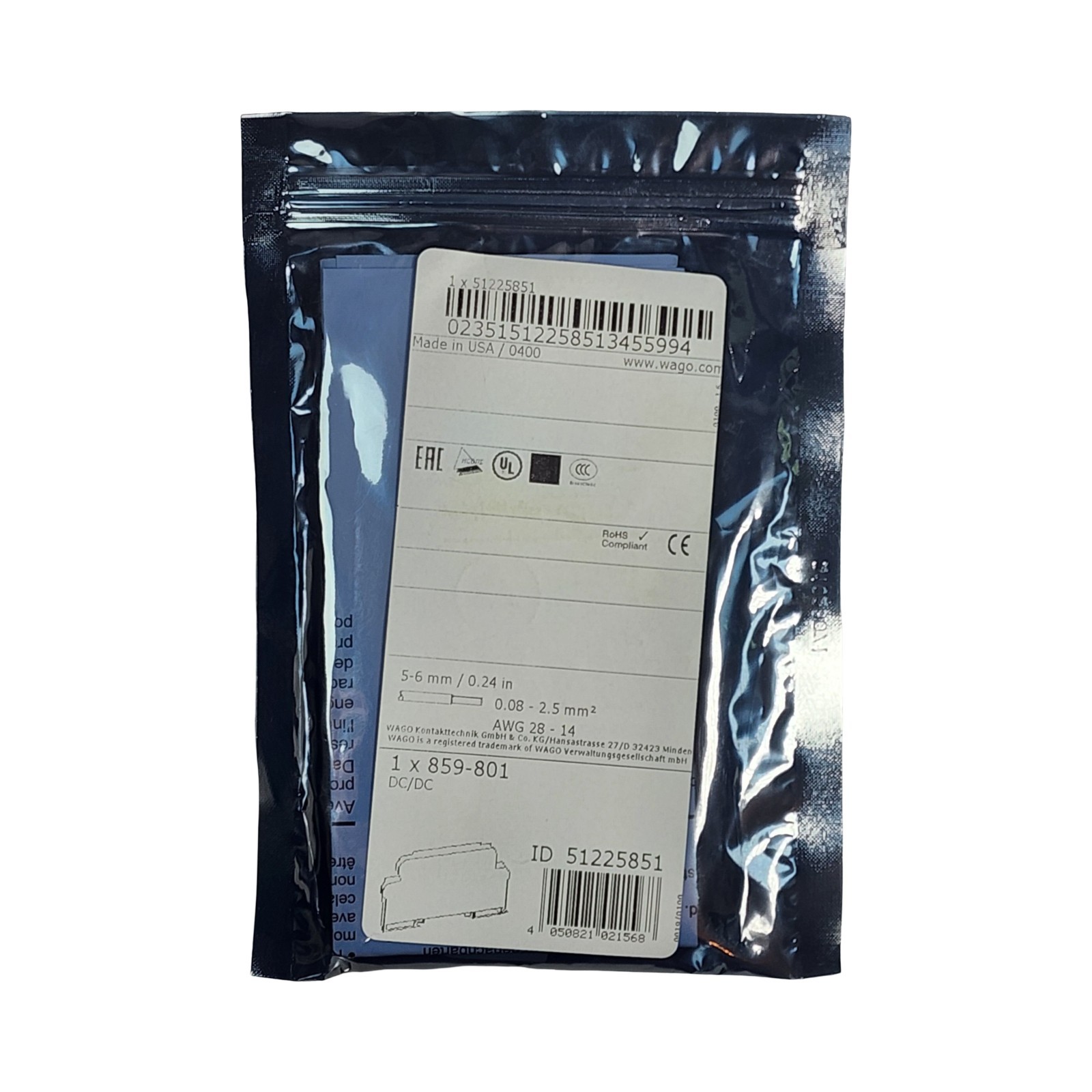 WAGO 859-801 DC/DC Converter 24VDC to 5VDC 0.5A DIN Rail Mount NEW Surplus