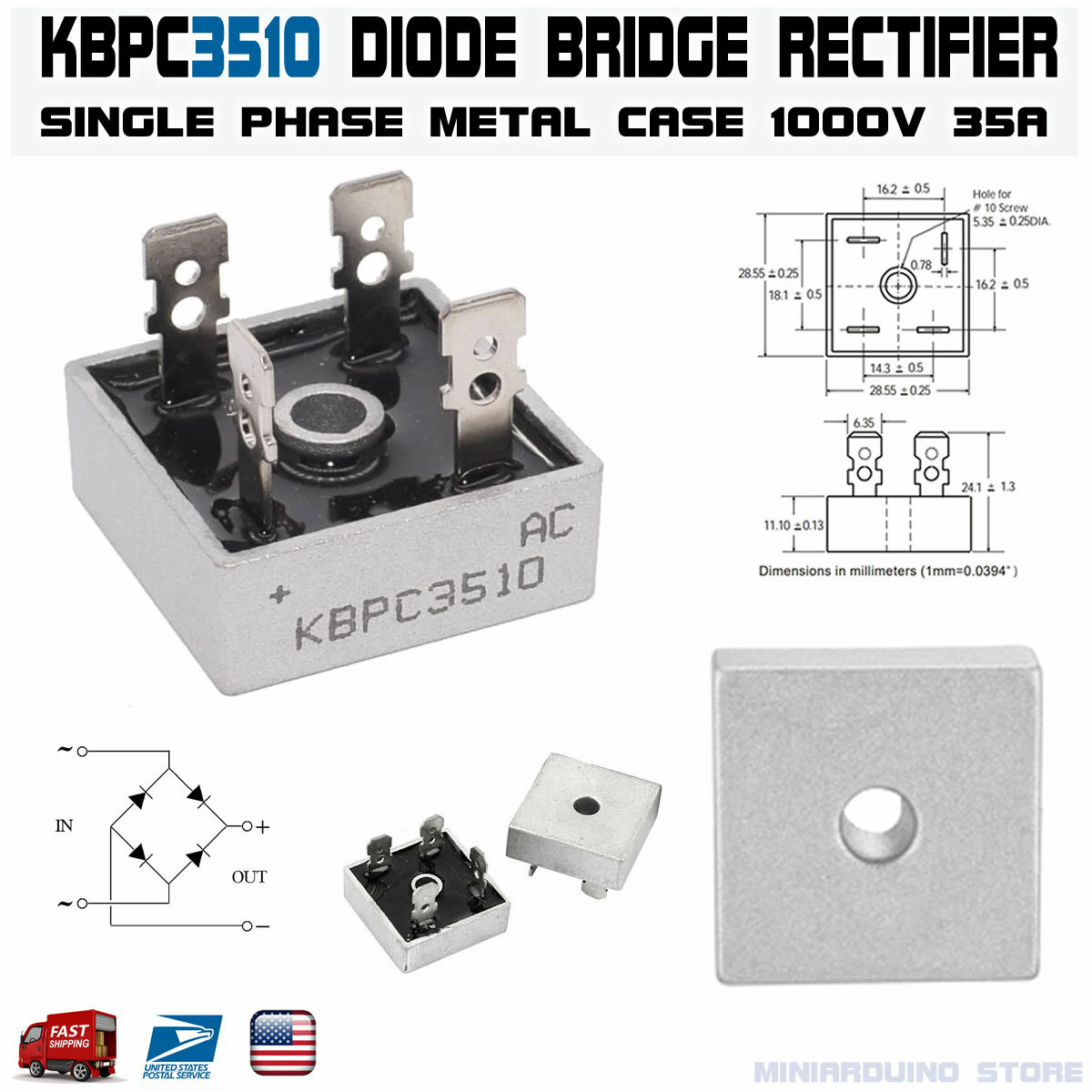 KBPC3510 Diode Bridge Rectifier Single Phase Metal Case 1000V 35A KBPC-3510 USA