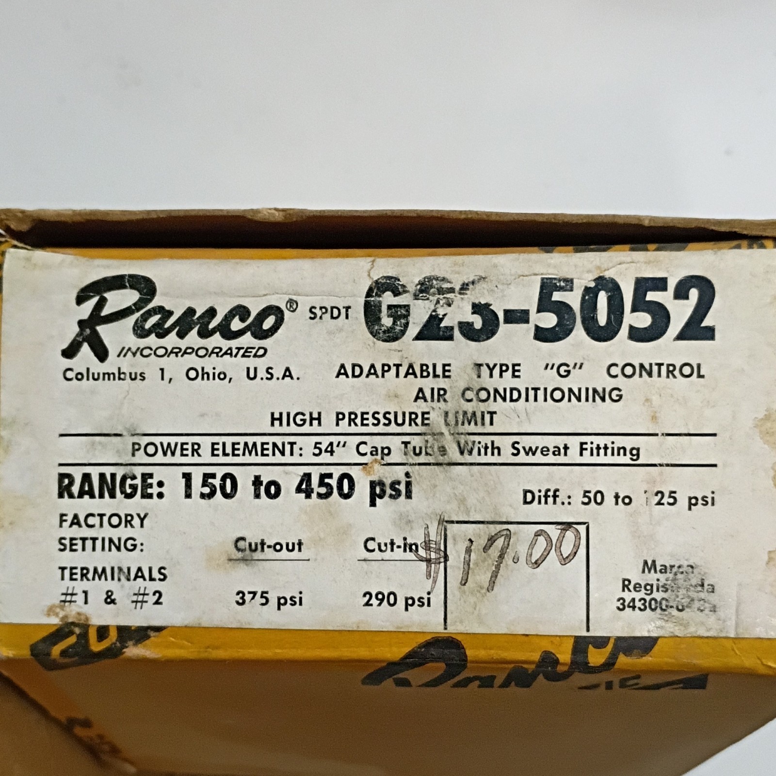 Ranco G23-5052 High Pressure Limit Control 150-450 psi SPDT Type G