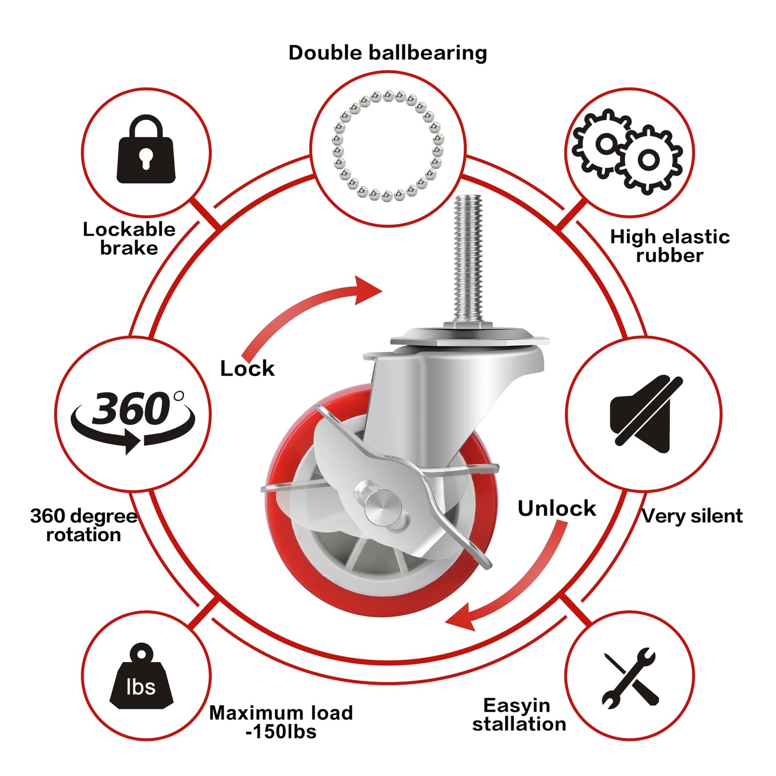 3 Inch Heavy Duty Stem Swivel Casters with Brake, 3/8 Inch, 16 x 1-1/2 Inch