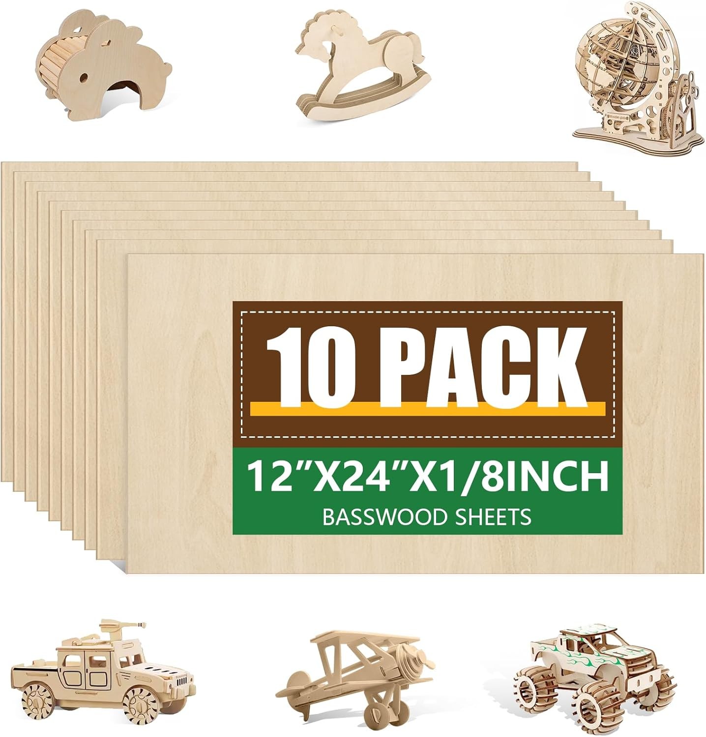 10 Pack Basswood Sheets 1/8x12x24″ Unfinished Wood for Laser Cutting & Crafts