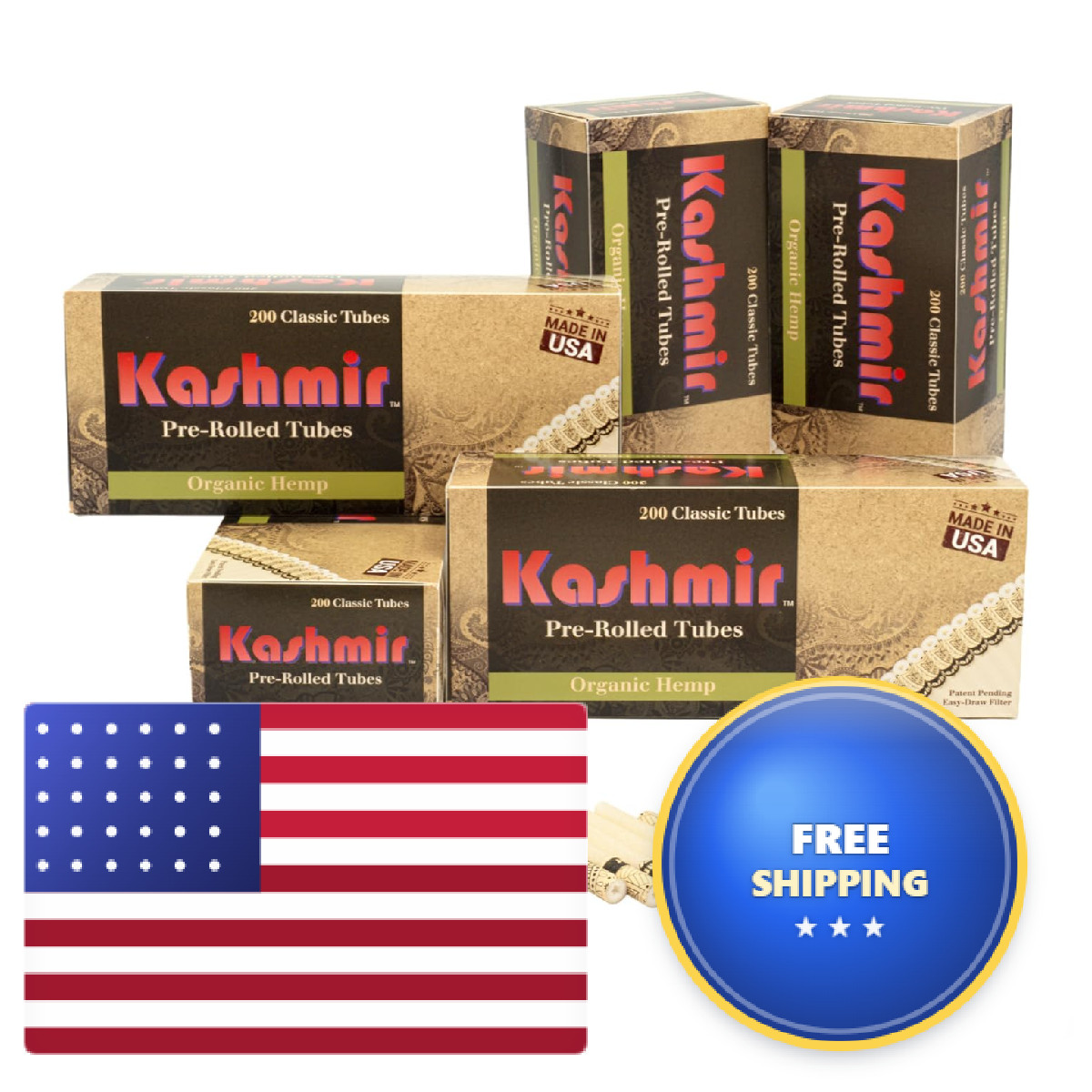 Kashmir Cigarette Tubes Organic Hmp Count 5 Boxes Of 200 Tubes Smooth Draw