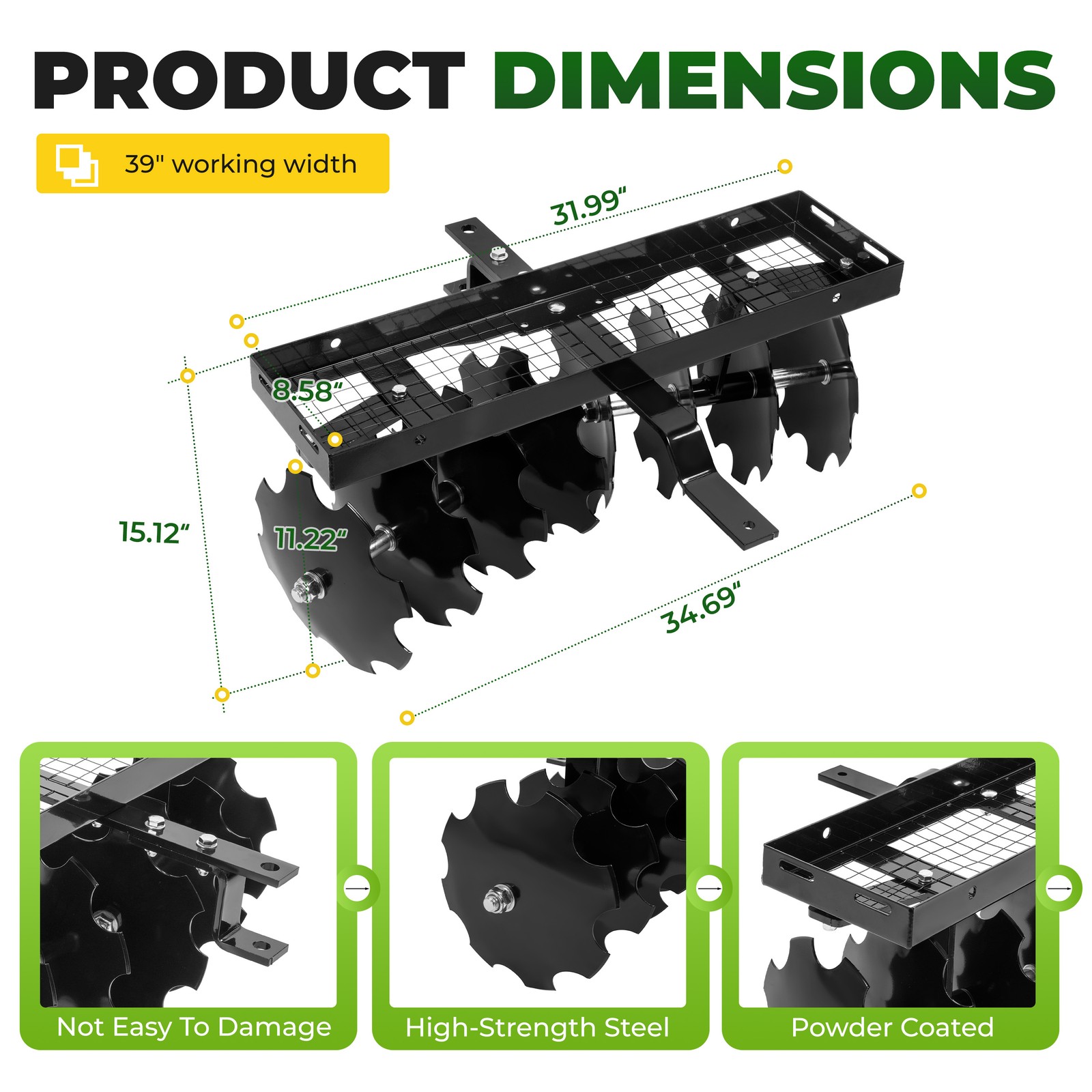 Disc Harrow 11″ Steel Tow Behind For universal Tractor Sleeve Hitch Attachment