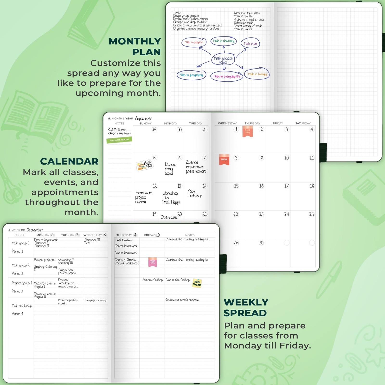 Clever Fox Teacher Planner – School Year A5 (5.8» x 8.3»), Dark Green