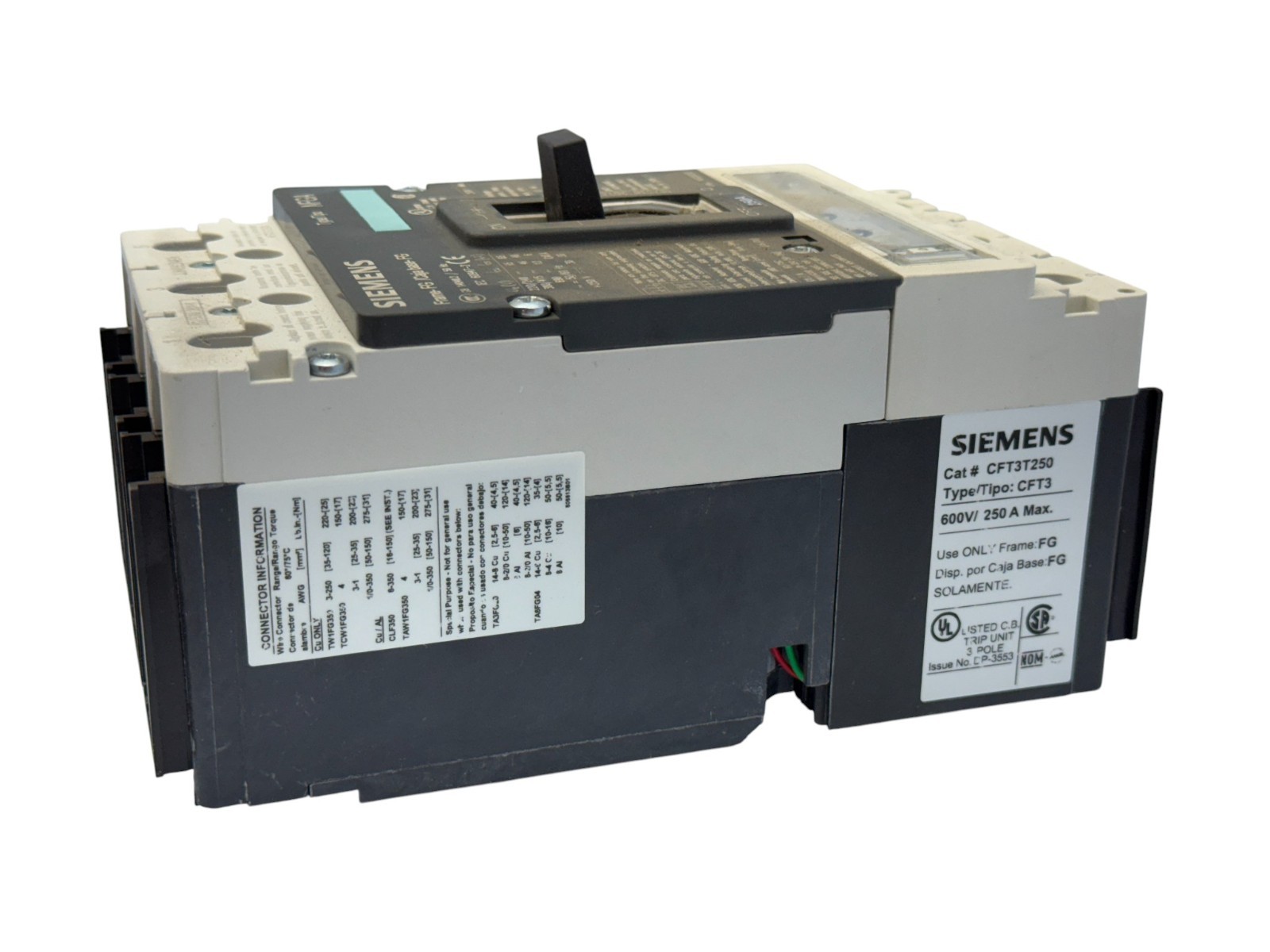 SIEMENS NFG3F250 CFT3T250 TRIP UNIT 250A 3-PHASE 3-POLE 600V 35KA BOLT-ON NEW