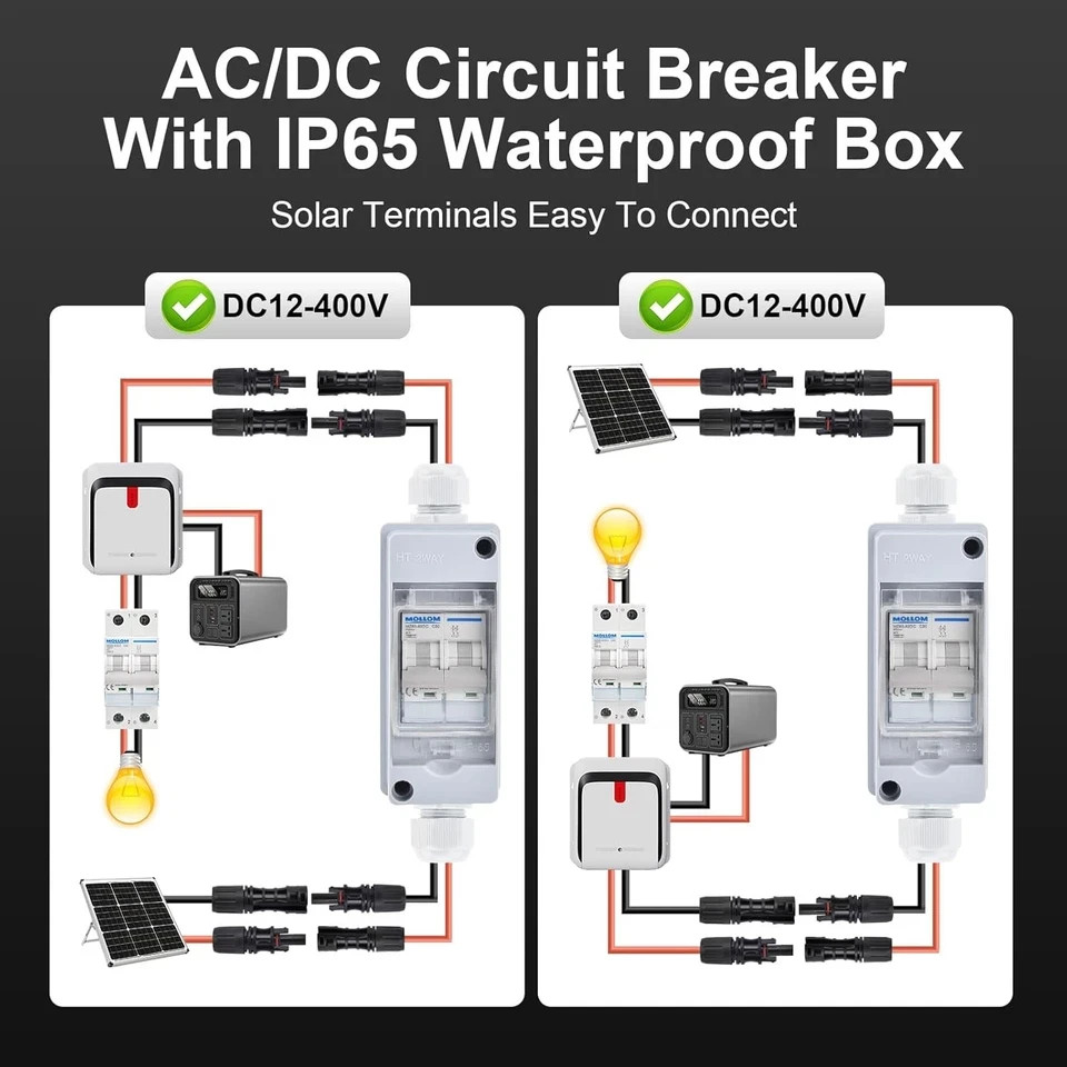 Solar Panel Disconnect Switch 1000V 30A IP65 DC Breaker Box 2P PV Circuit
