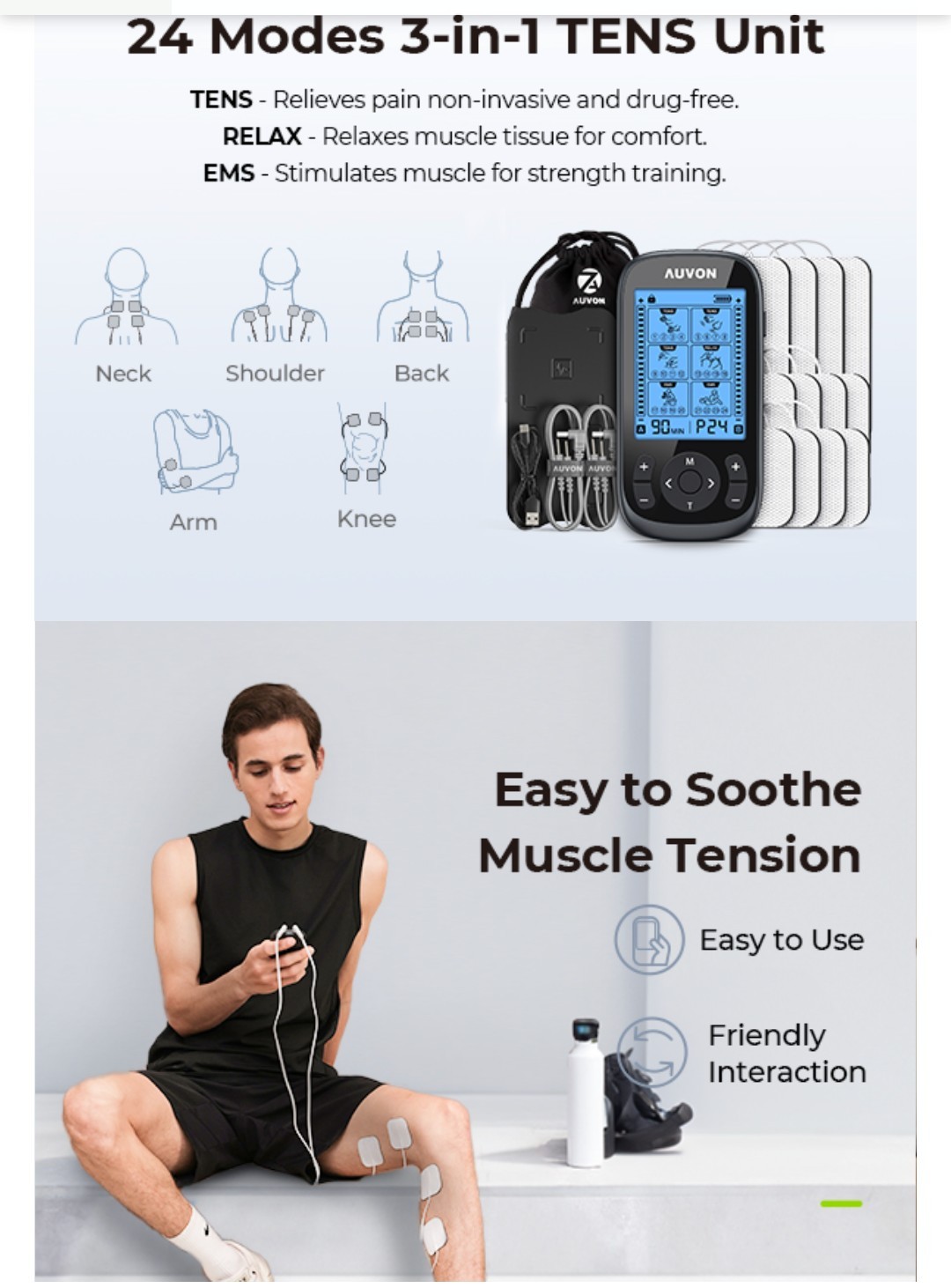 AUVON TENS EMS Unit Muscle Stimulator for Pain Relief – 24 Modes TA2224