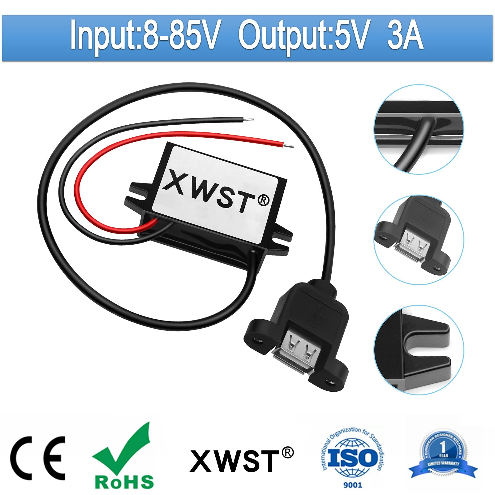 DC DC 8-85V to 5V USB Converter 12V 24V 36V 48V 60V 72V to 5V 3A 15W with Dua