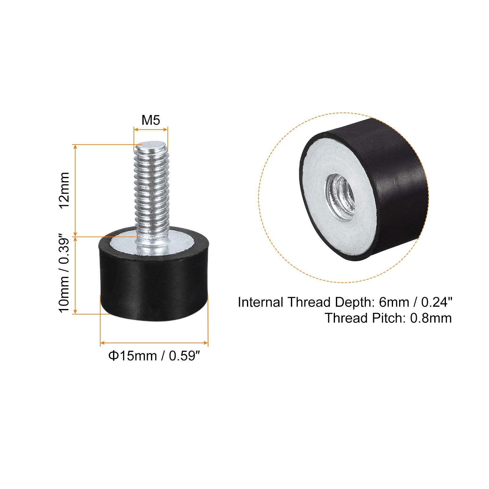 Rubber Mount 4pcs M5 Male/Female Vibration Isolator Shock Absorber, D15mmxH10mm