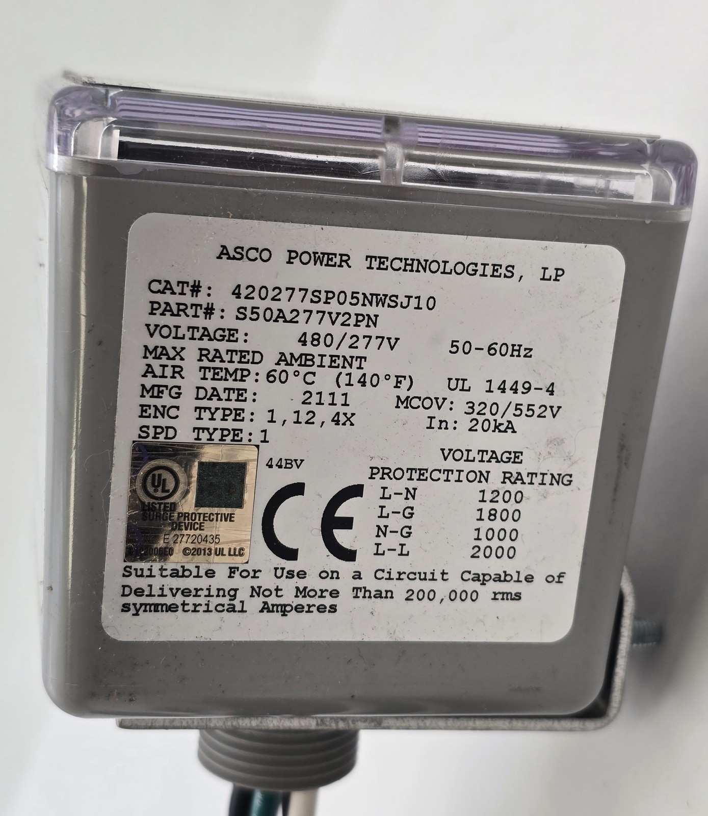 Asco 420277SP05NWSJ10 Compact Surge Suppressor 400 Series 480/277V 140F Air Temp