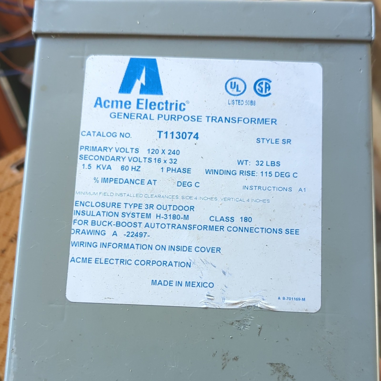 Acme Electric T113074 1.5kVA 1-Ph 60Hz Buck-Boost 120/240V to 16/32V