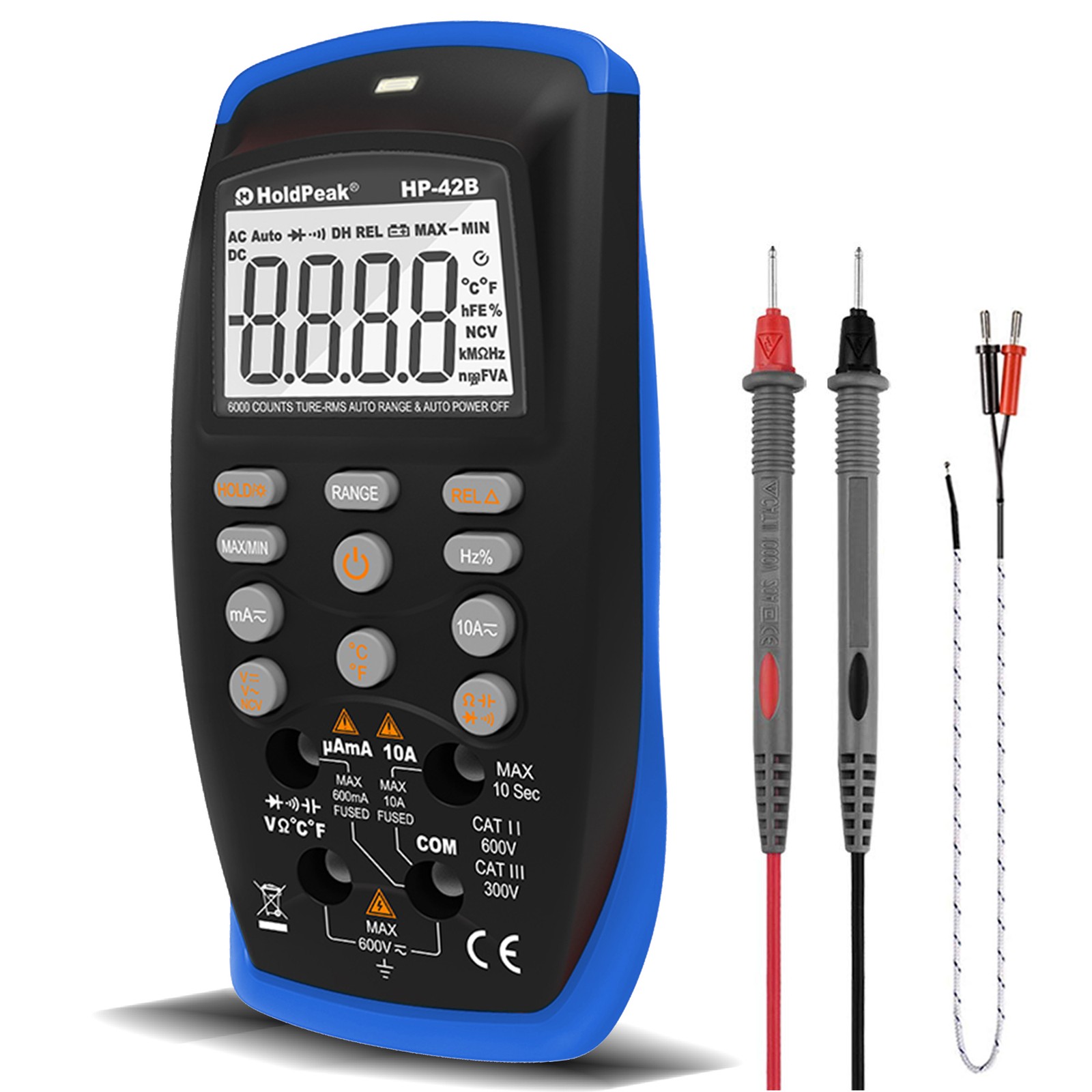 Digital Multimeter 6000C TRMS 600V 10A 60MΩ 200kHz Auto-Range NCV Data Hold
