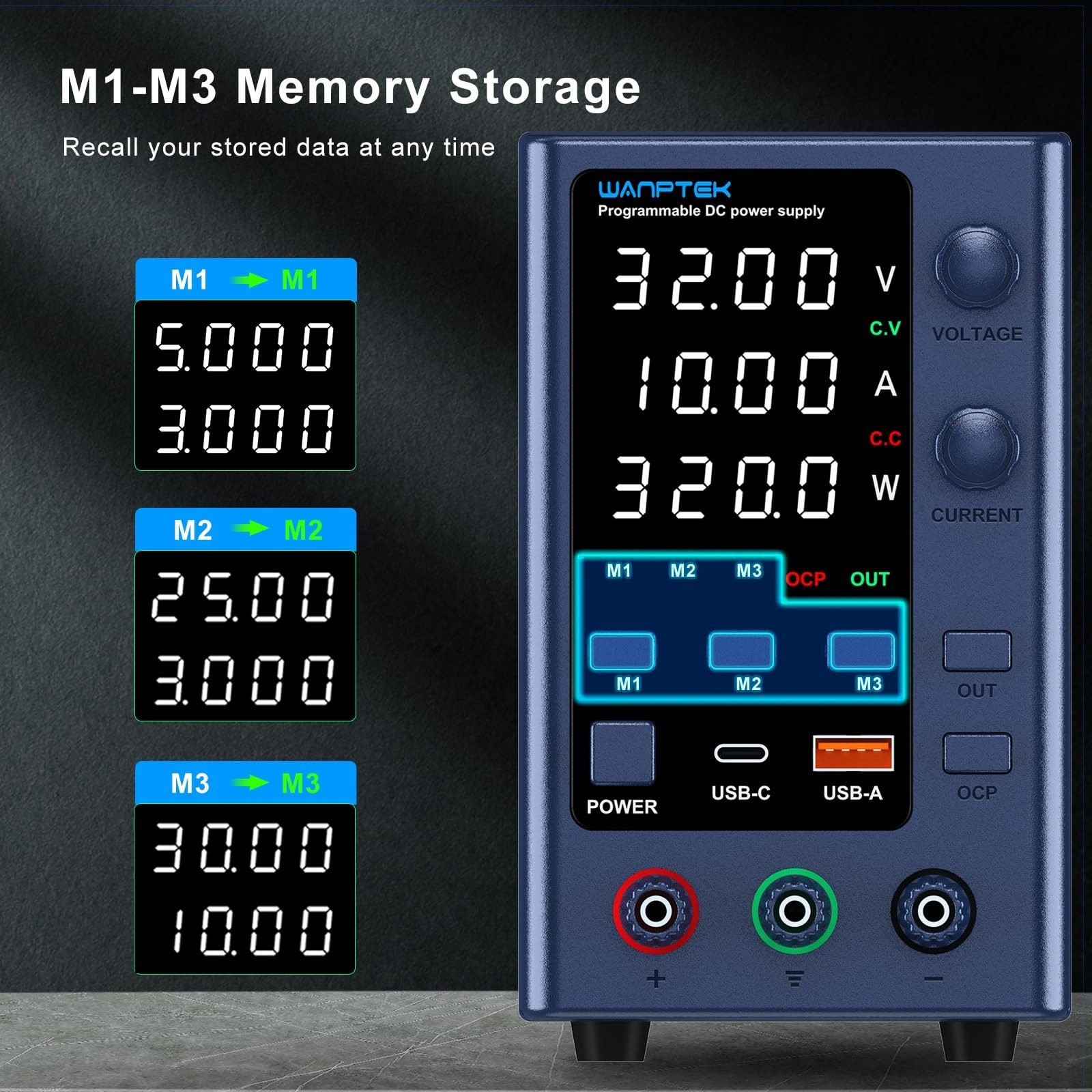 Adjustable DC Power Supply 0-32V 0-10A, Bench Power Supply with USB Fast Charge,