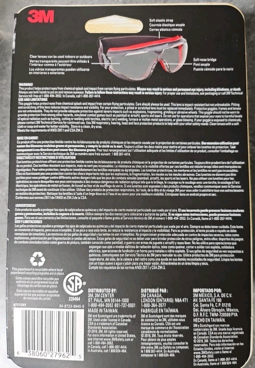 3M Scotchgard Anti-Fog Safety Goggles PRO 47212H1-VDC-PS Clear Lens