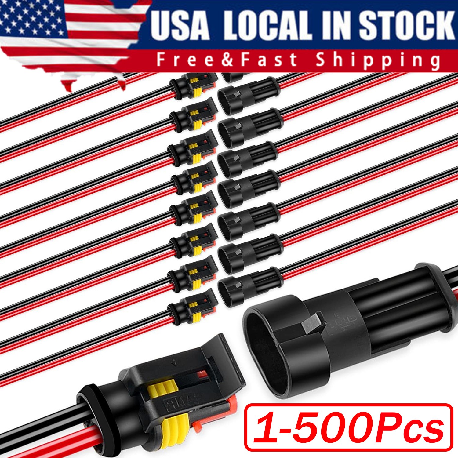 2Pin Way Car Waterproof Male Female Electrical Connector Plug Wire Kit Set Lot