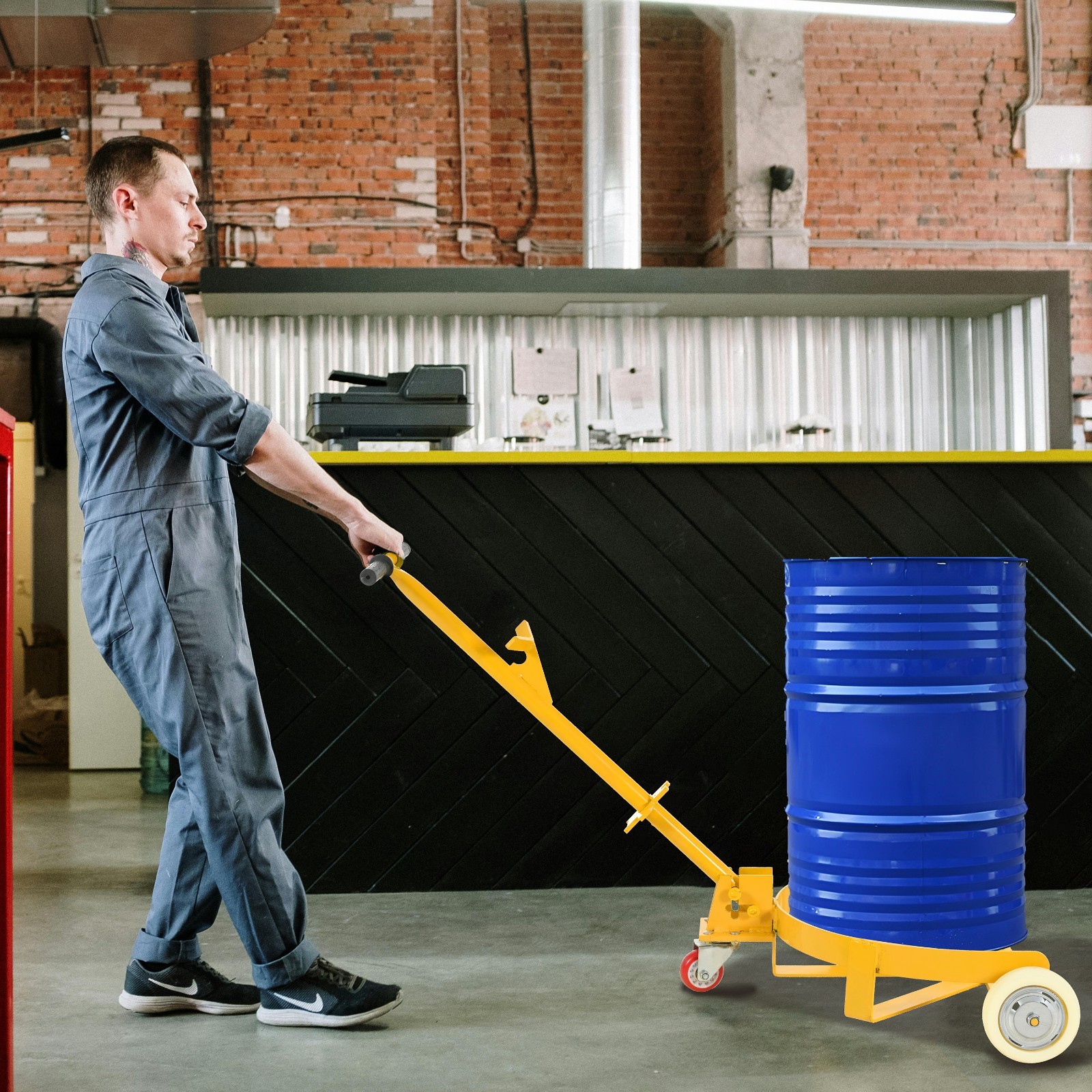 55 Gallon Drum Dolly, 1200lbs capacity, with 2 fixed PU Wheels and 1 swivel whee
