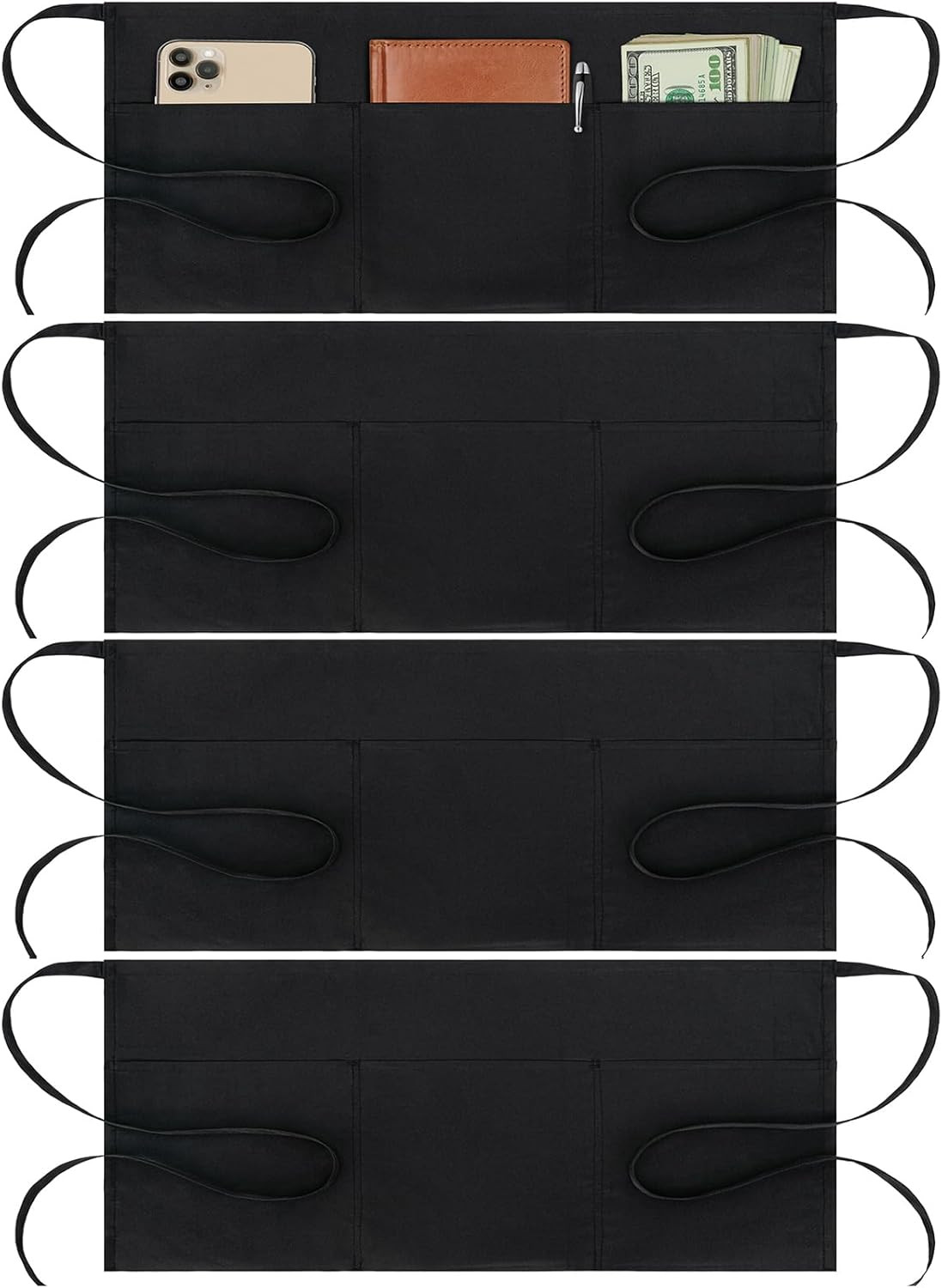 4 Pack Waitress Apron With 3 Pockets-Black Server Aprons-Waiter Short Half Waist