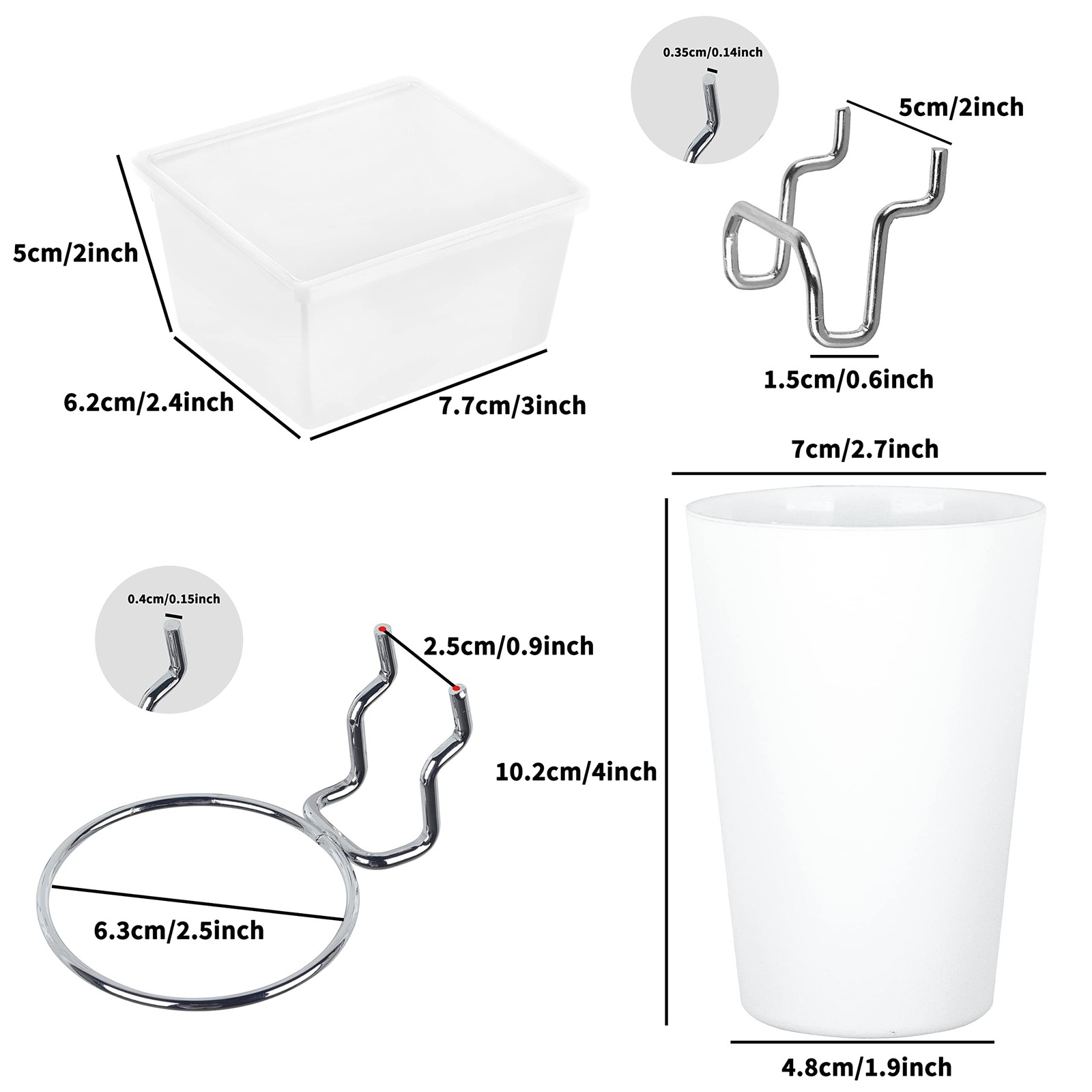 6 PCS White Pegboard Bins Cups With Hooks Loops Accessory Storage Organizer