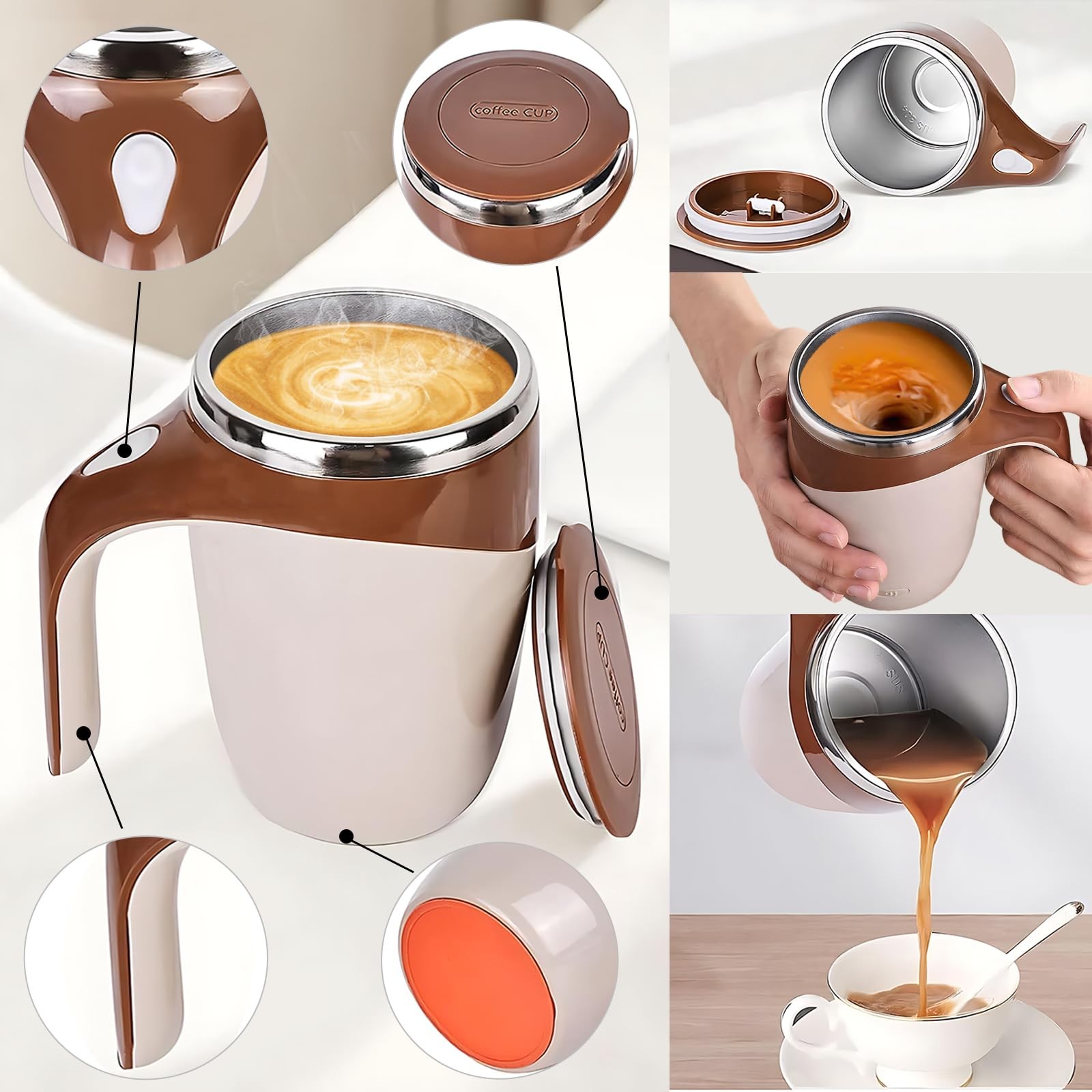 FOXNSK Automatic Magnetic Stirring Coffee Mug, 12.8 Ounces, F-battery Brown