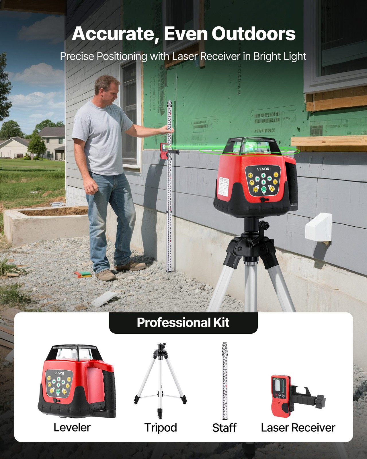 VEVOR 2000ft Rotary Laser Level Kit Self Leveling Green Horizontal with Tripod