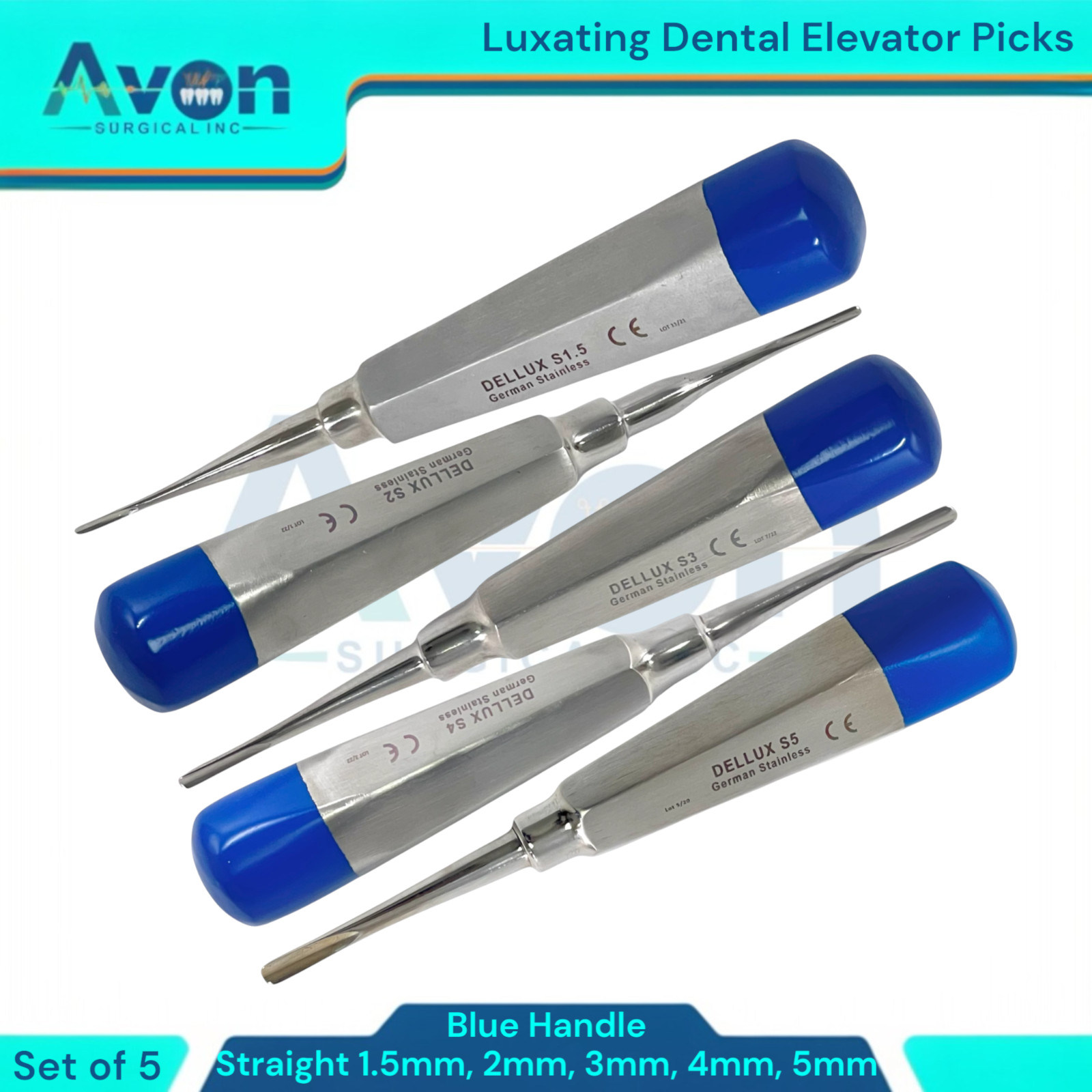 Dental Tooth Extraction Luxating Elevators, 1.5mm to 5mm, STR, German Steel(5PK)