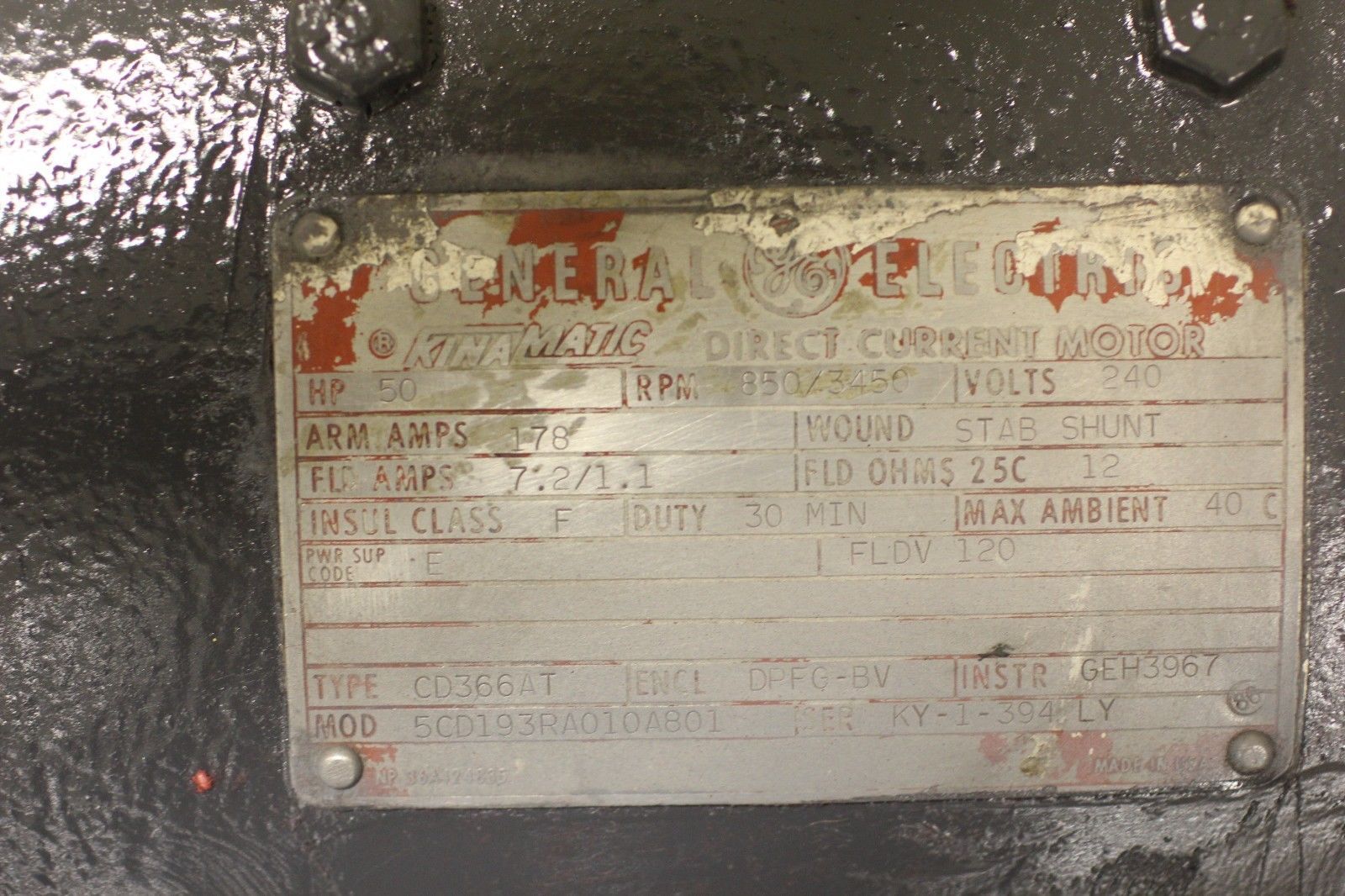 Used GE Kinamatic DC Motor 5CD193RA010A801 50HP 850/3450 RPM 240 V CD366AT