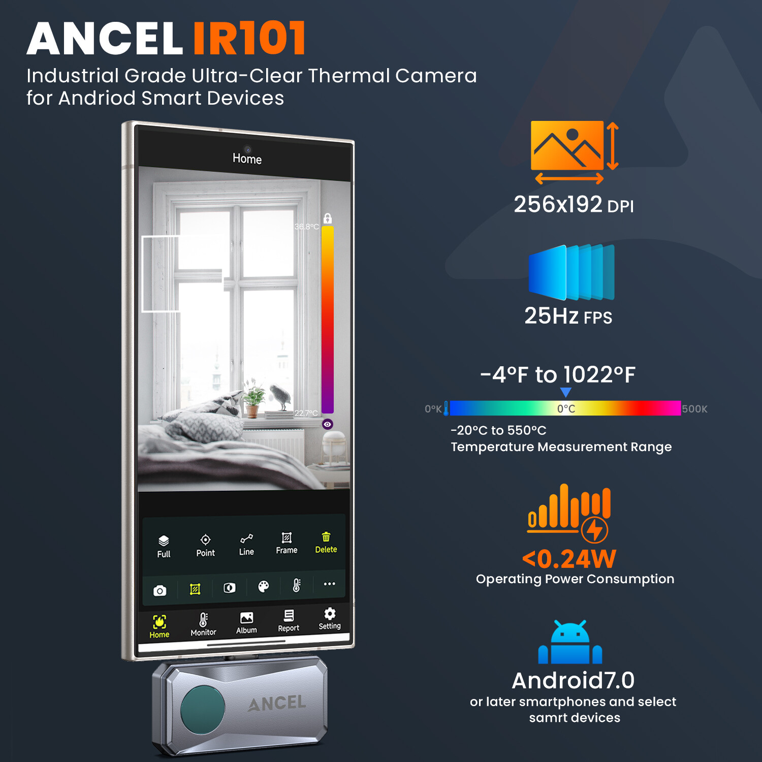 ANCEL Thermal Imaging Camera for IOS 256×192 IR Resolution 25Hz Refresh Rate