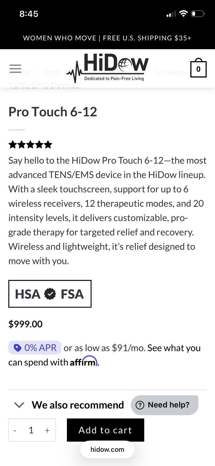 HiDow Pro Touch 6-12 Wireless TENS/EMS Unit Touchscreen with accessories