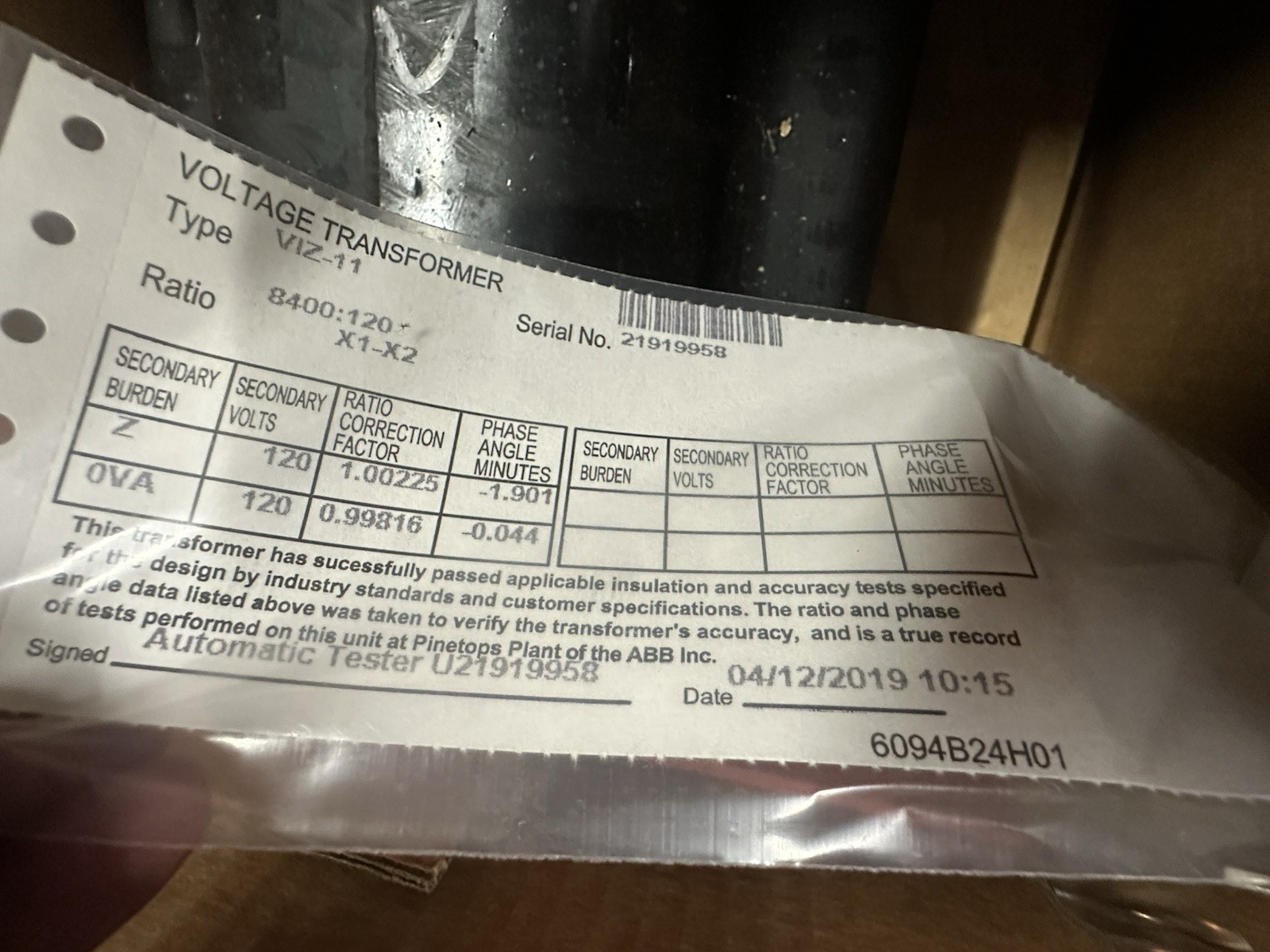 ABB VIZ‑11 Indoor Voltage Transformer 9628A17G07 – 15kV, 110kV BIL, OEM