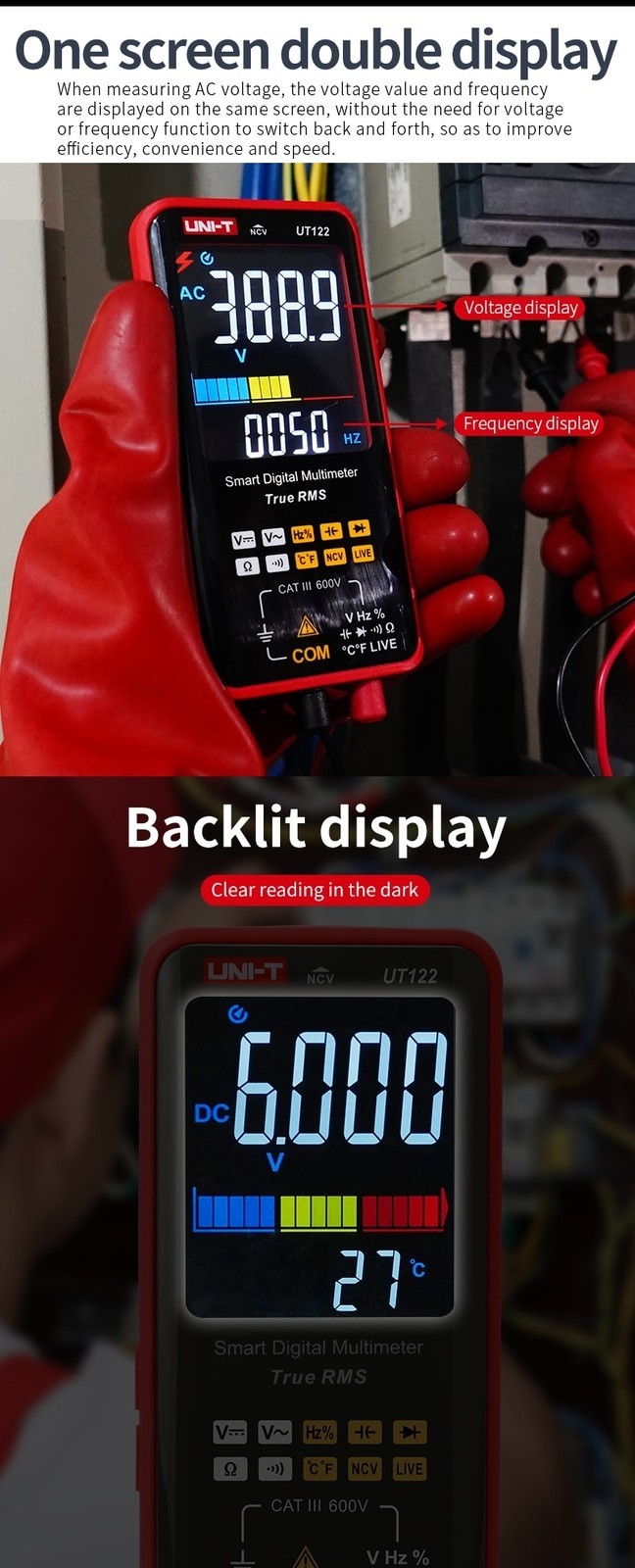 Intelligent TRMS Digital Multimeter Voltage Frequency Dual Display NCV LIVE Test