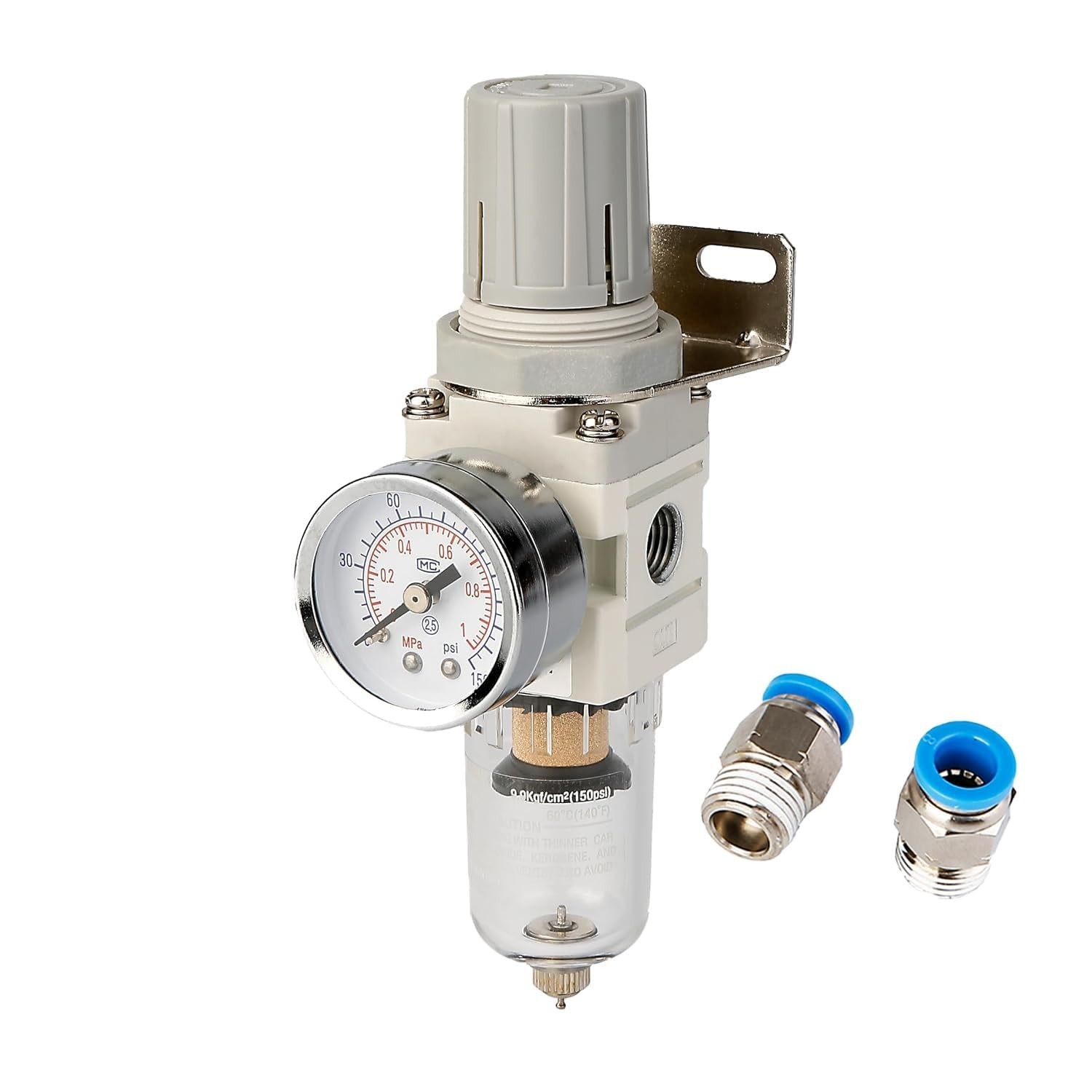1/4″ NPT Compressed Air Filter Regulator Combo 5 µm,Semi-Auto Drain,0-150 PSI