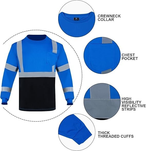 4 pack Hi-Vis Safety Workwear Long Sleeve Shirt Top Reflective Two Tone Blue
