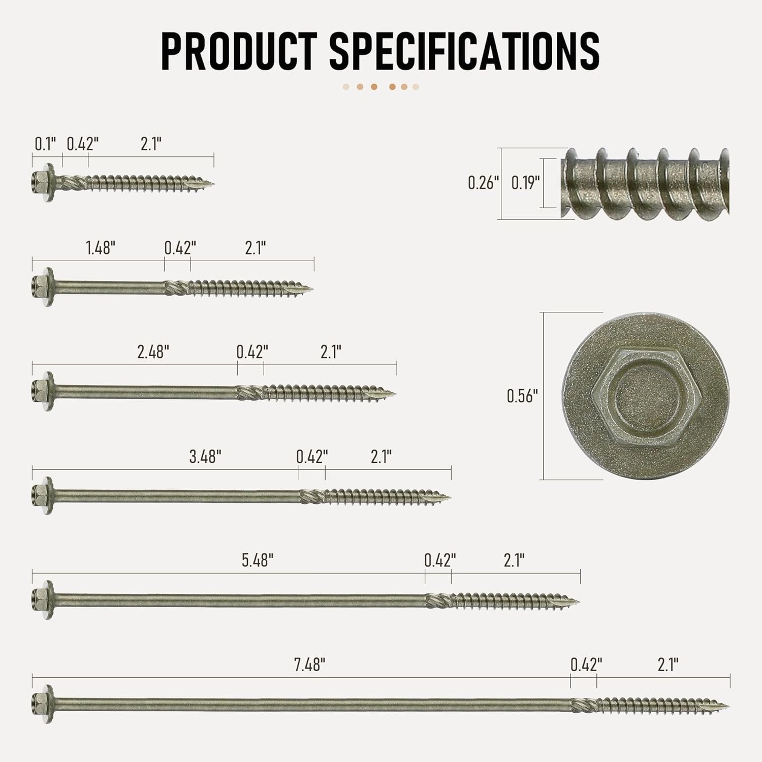 Hex Head Heavy Duty Wood Screws #14 x 6, Structural Lag Screws for Log, Timber,