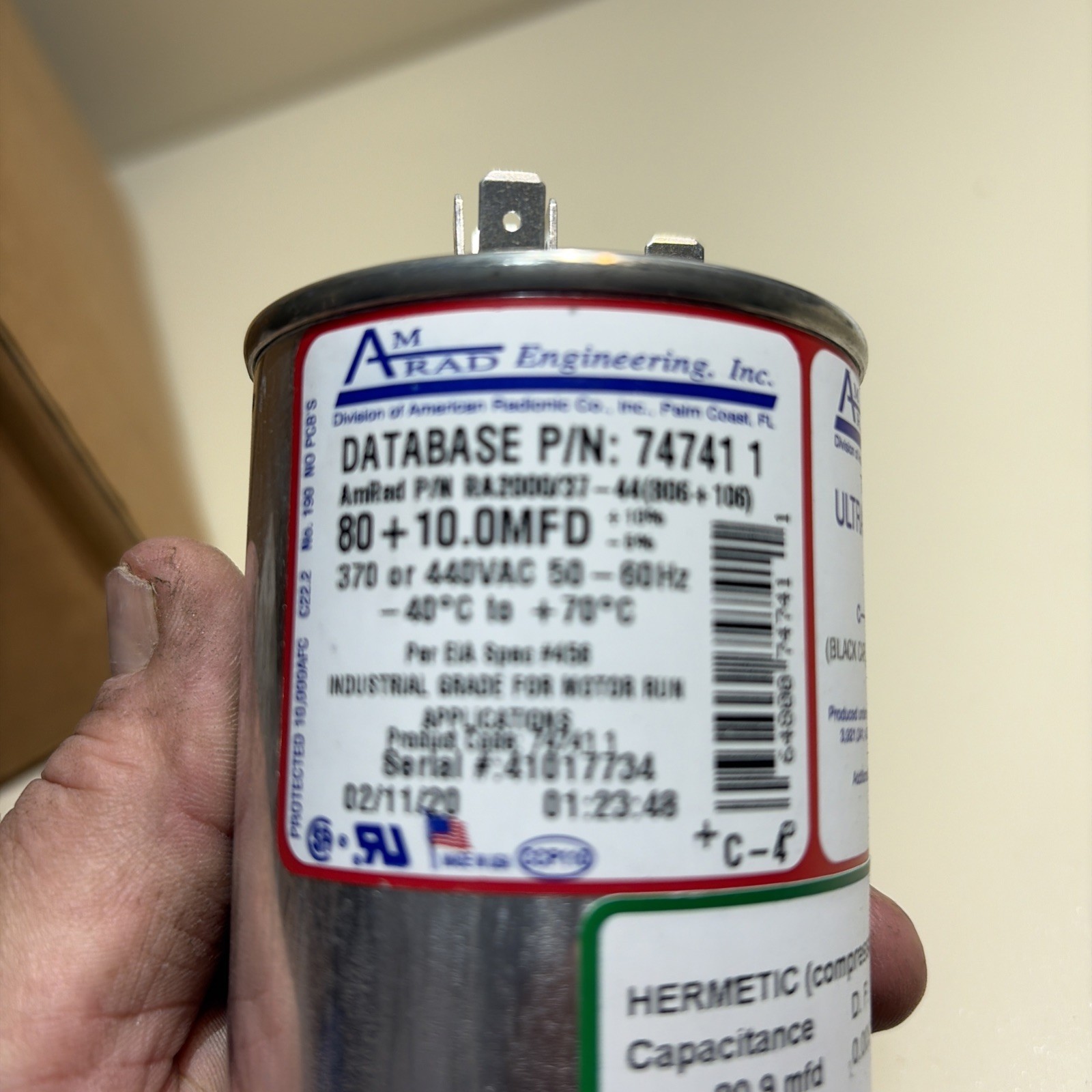New AMRad 747411 80+10.0MFD RA2000/37-44 motor run capacitor