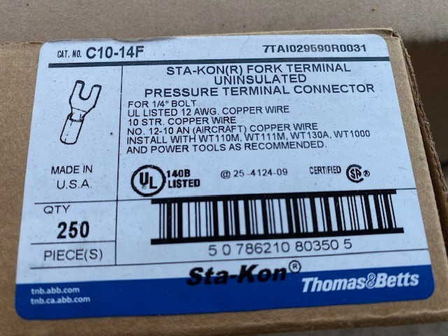 (250 PACK) Sta-Kon C10-14F 12-10 Awg Non-Insulated Fork Terminal 1/4″ Stud
