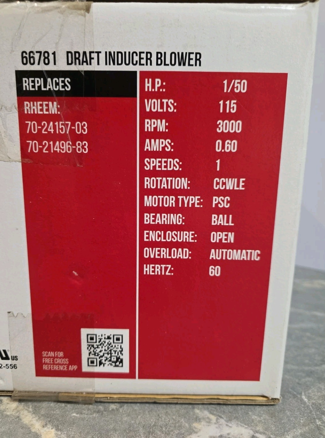 Packard 66781 Rheem Replacement Draft Inducer Blower Motor 115V 0.6 Amp