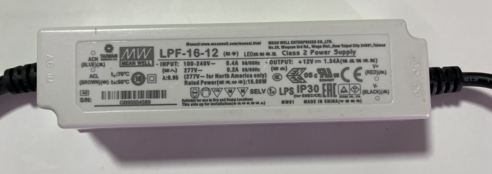 1-PC MEAN WELL LPF-16-12 100-277VAC LED DRIVER POWER SUPPLY OUTPUT 12VDC 1.34A