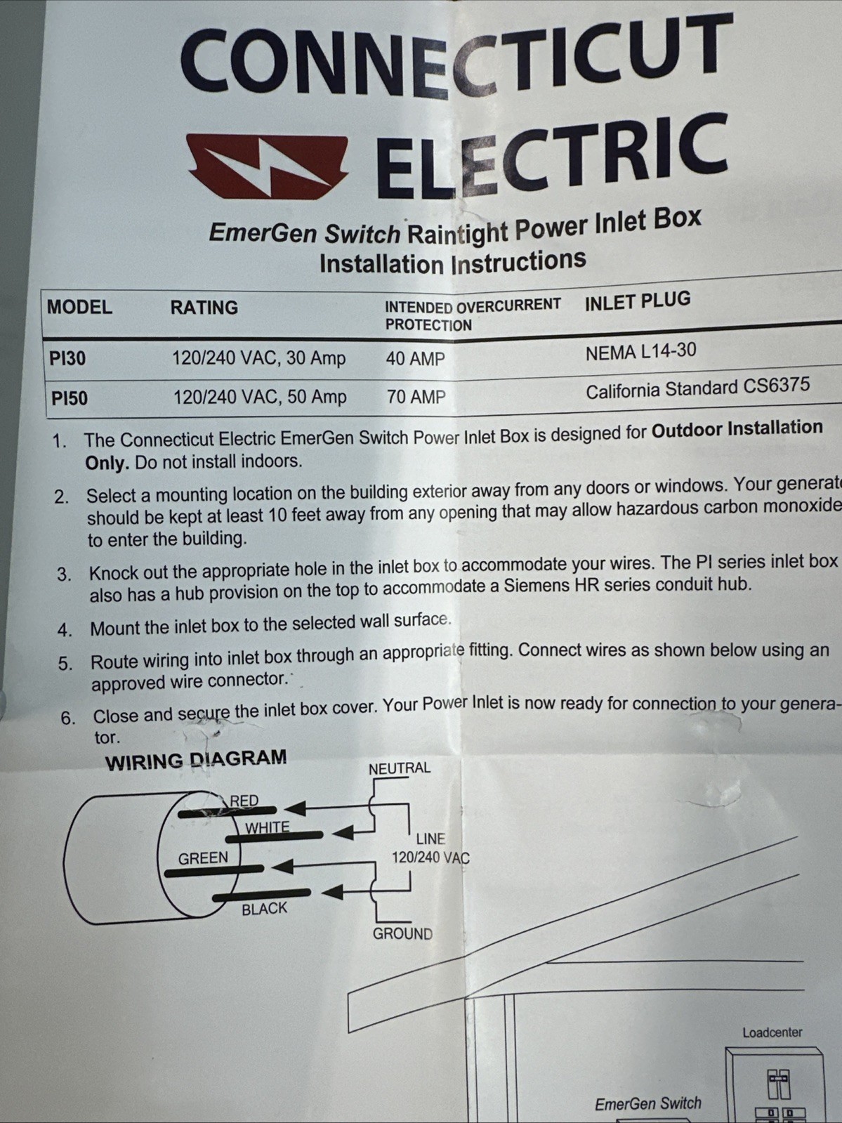 Connecticut Electric P150 Power Inlet Box EGSP150, 50 Amp, 120/240 Volt