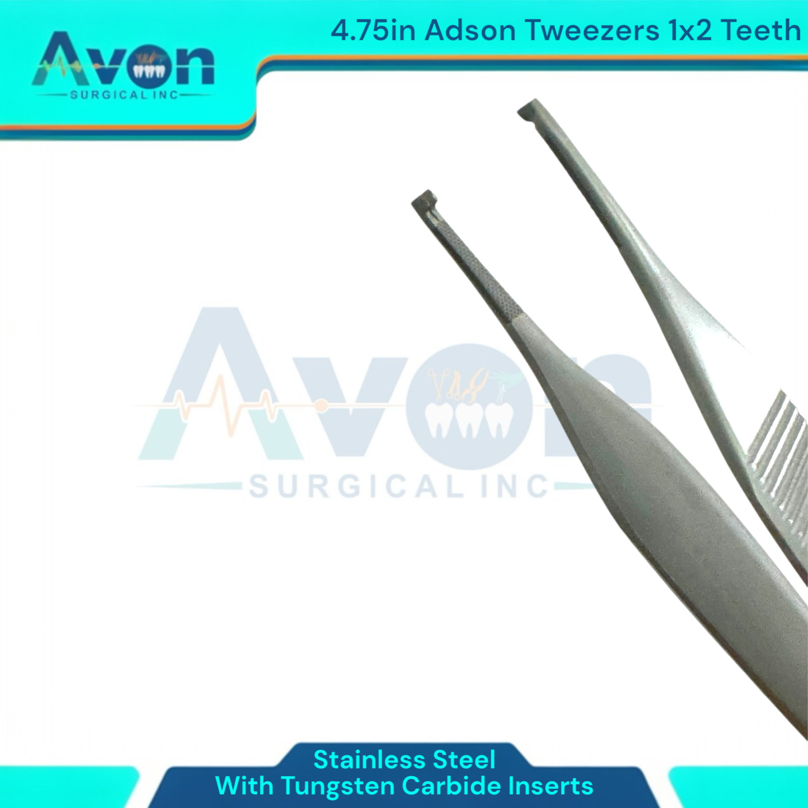 5pc – Adson Forceps with Tungsten Carbide Inserts, 1×2 Teeth, Straight, Premium