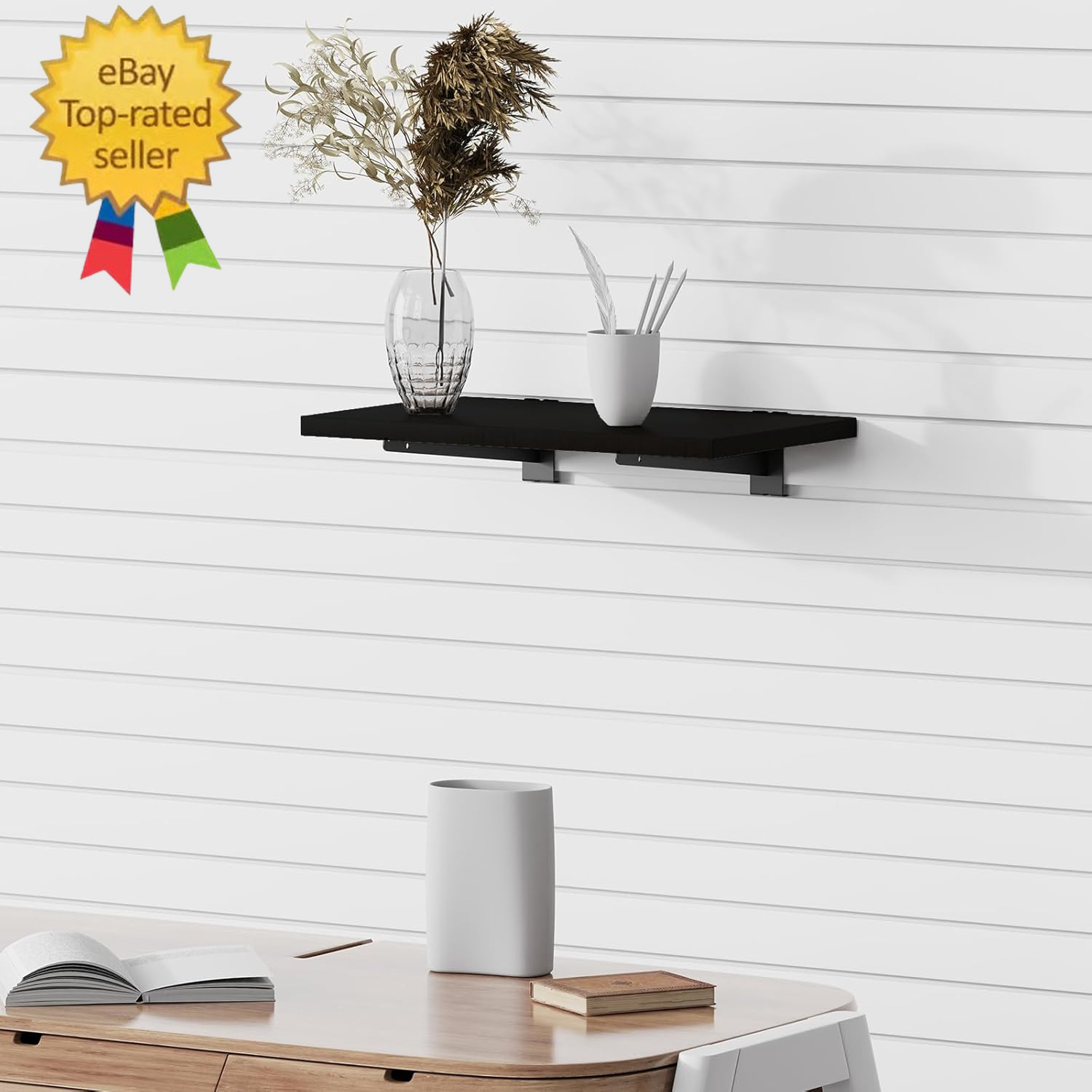 4 Pack Large Wooden Slatwall Shelf, 24 X 12 Inch Slatwall Shelves with Metal Bra
