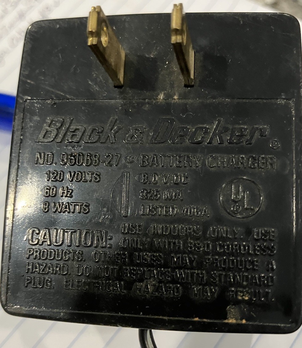 BLACK & DECKER 95068-27 B&D 8v DC 325mA BATTERY CHARGER
