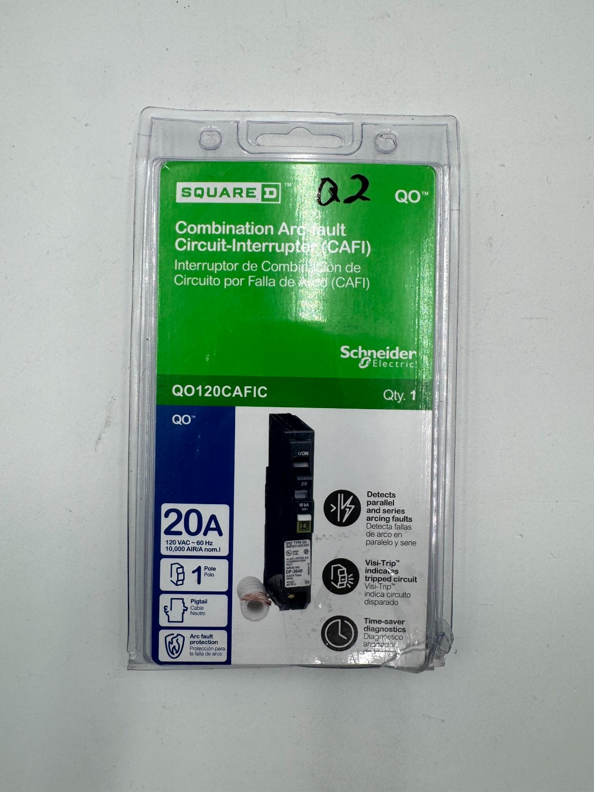 Schneider Electric QO120CAFIC 20A Arc Fault Circuit Breaker Plug-In Mount Black
