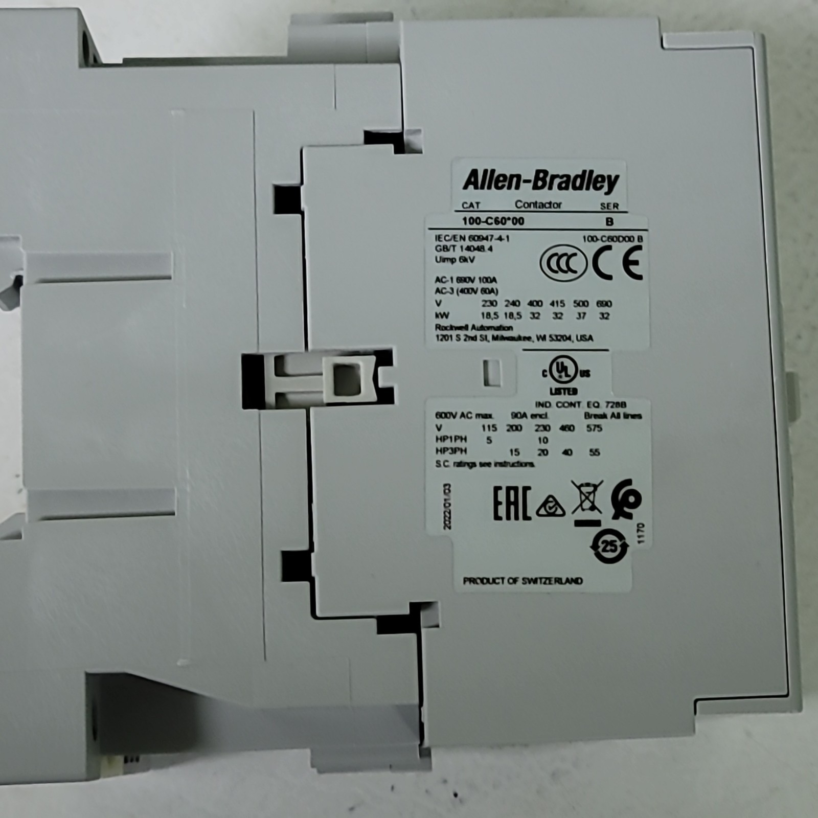 Allen-Bradley 100-C60D00 Bulletin 100 IEC Contactor 100A 3-Pole 120V Coil AC-3