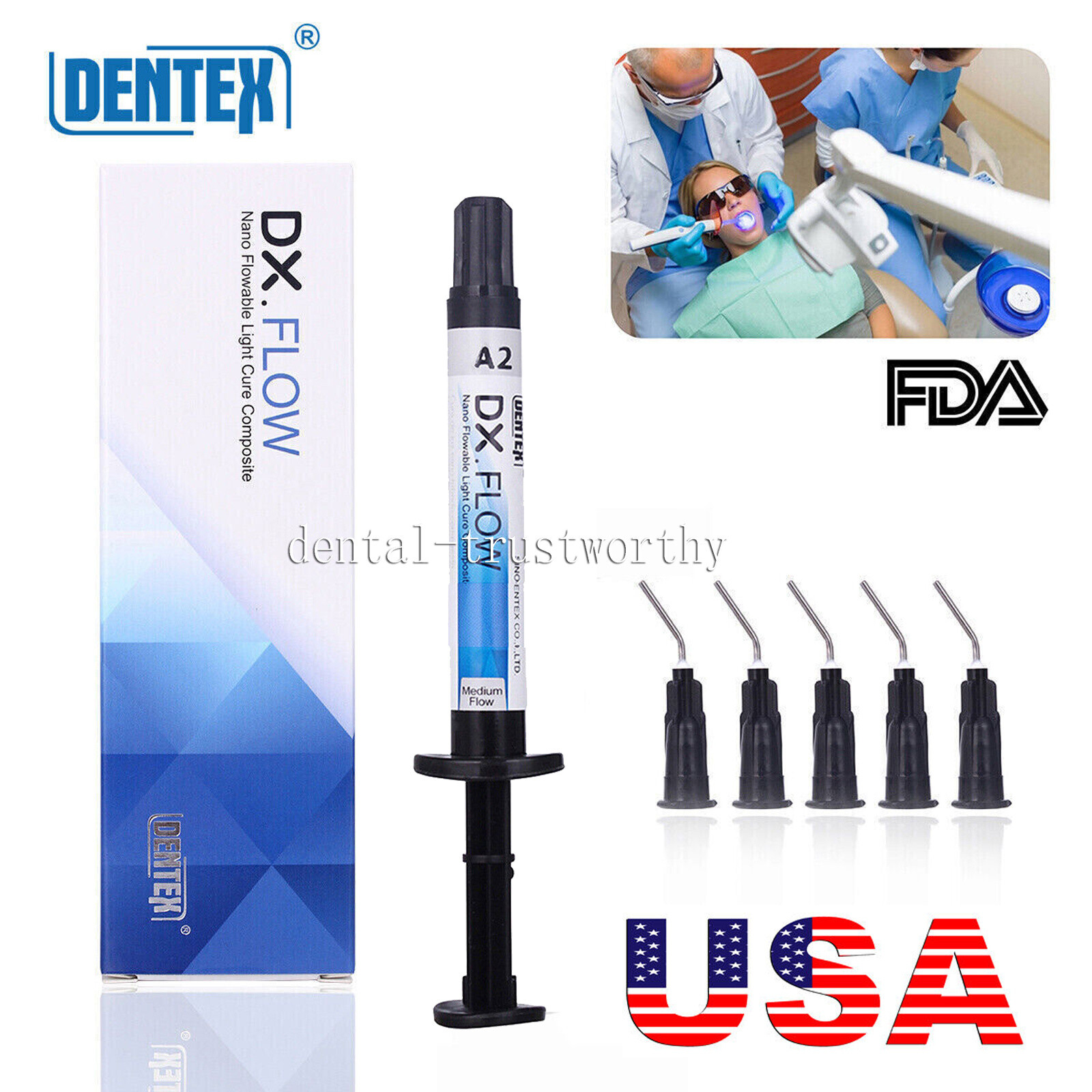 Dentex Dental Light Cure Flowable Composite Resin Shade Tooth A2 Medium Flow USA