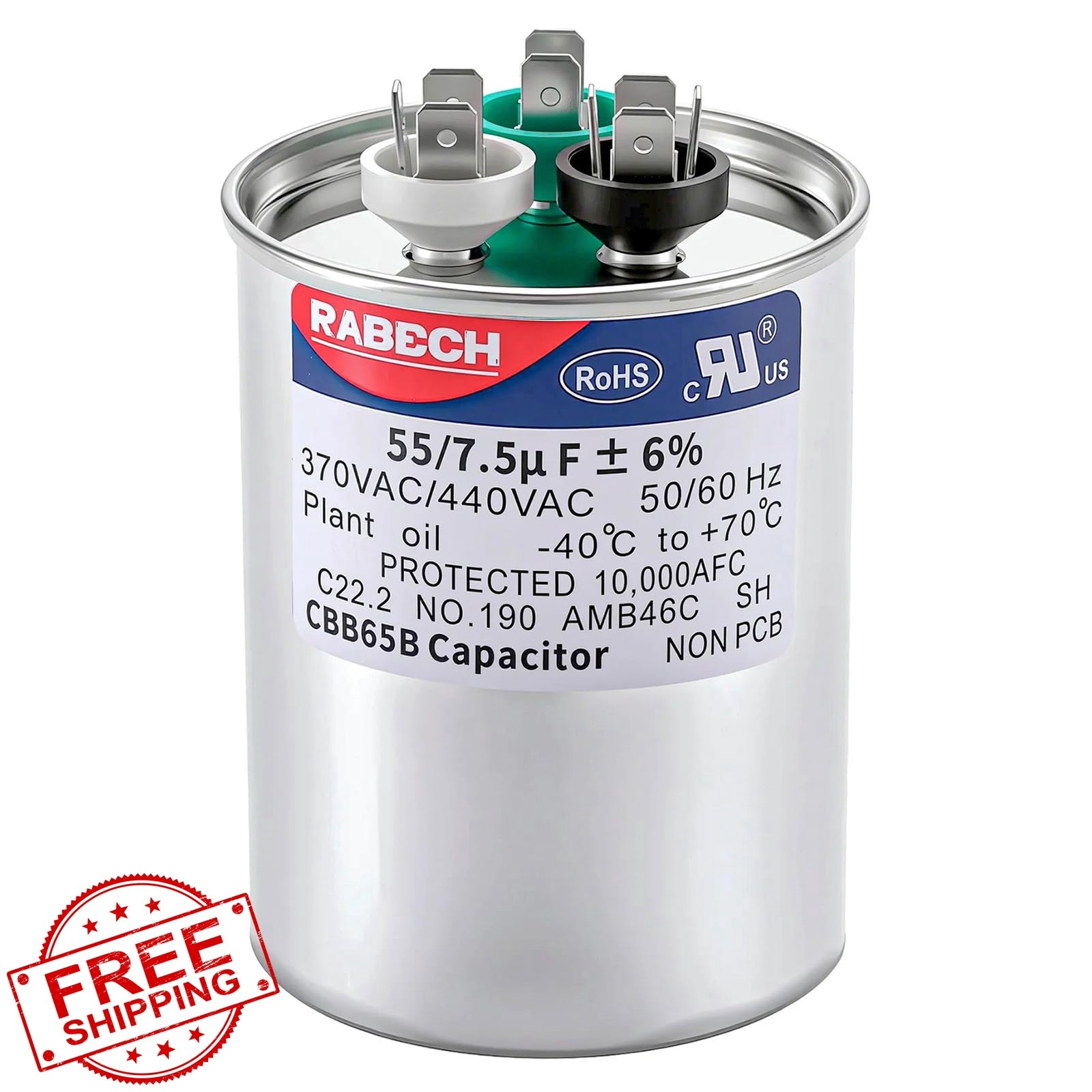 RABECH 55+7.5MFD AC Capacitor 370/440V CBB65B Dual Run